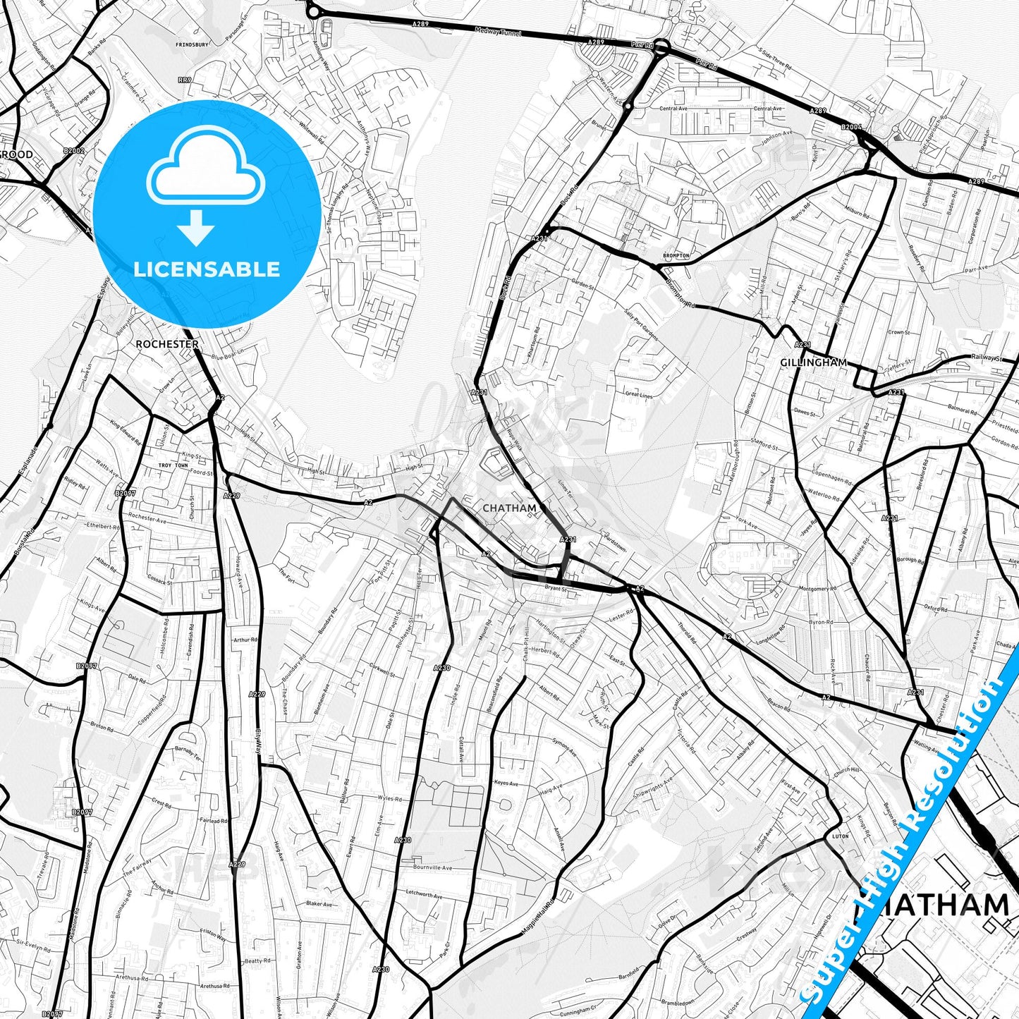 Chatham, England Light Map with Street Names, City Names, and Districts