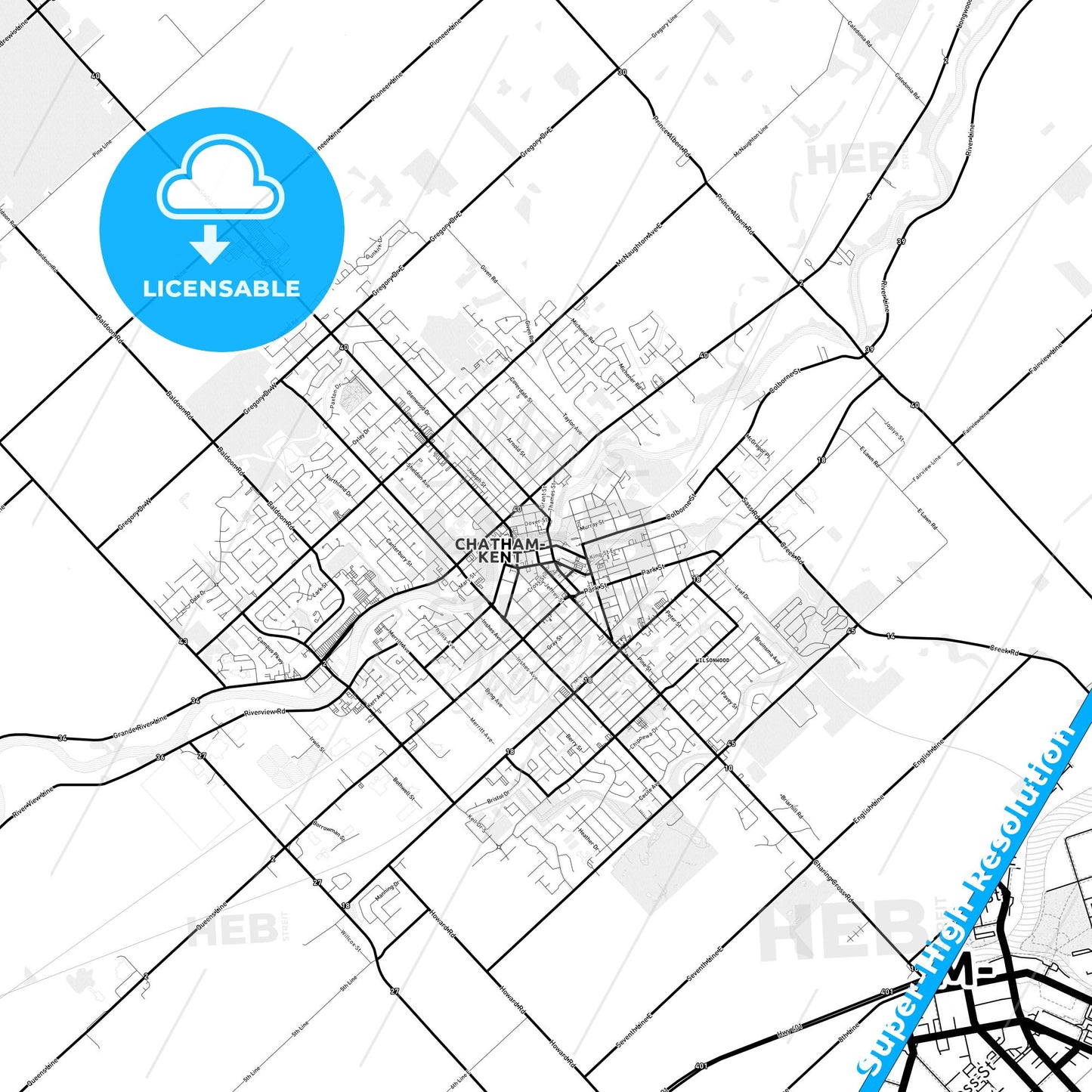 Chatham-Kent, Canada Light Map with Street Names, City Names, and Districts