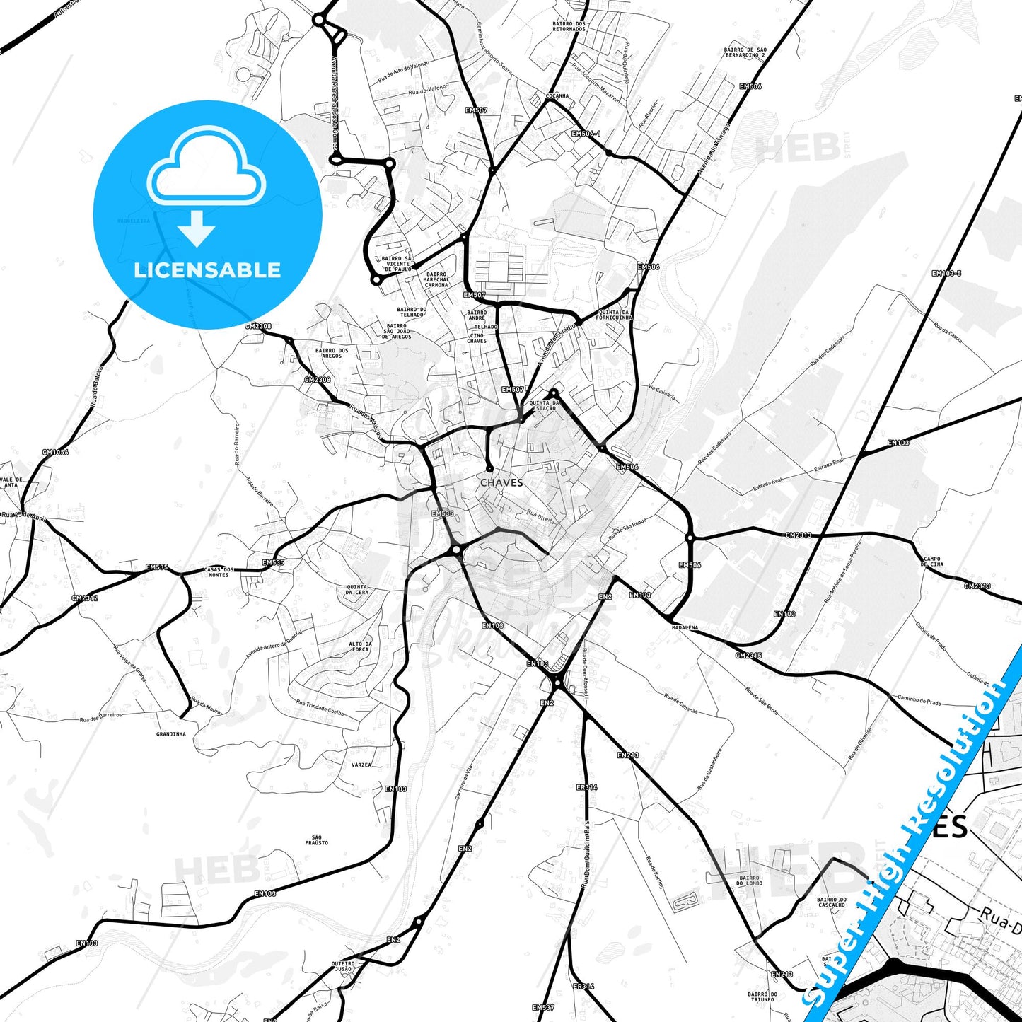 Chaves, Portugal Light Map with Street Names, City Names, and Districts