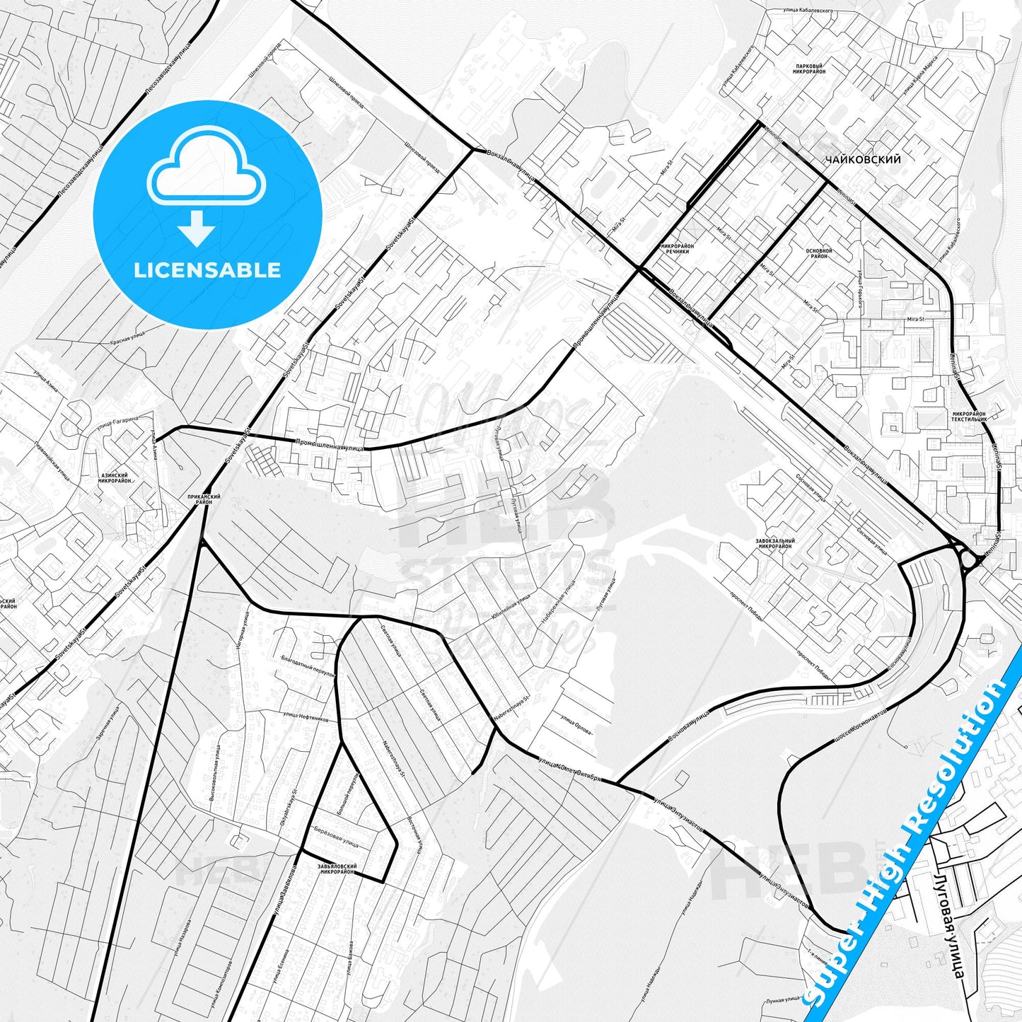 Chaykovsky, Russia Light Map with Street Names, City Names, and Districts