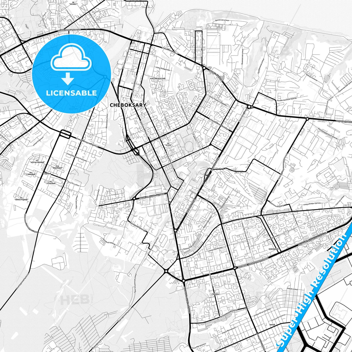 Cheboksary, Russia Light Map with Street Names, City Names, and Districts