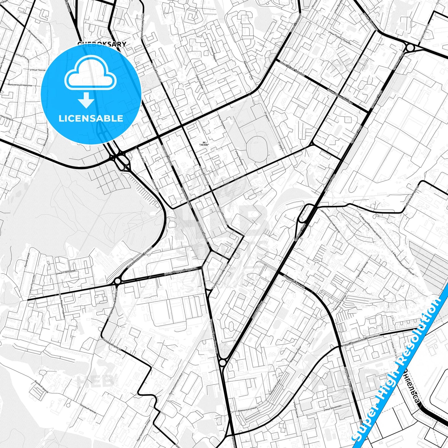Cheboksary, Russia Light Map with Street Names, City Names, and Districts