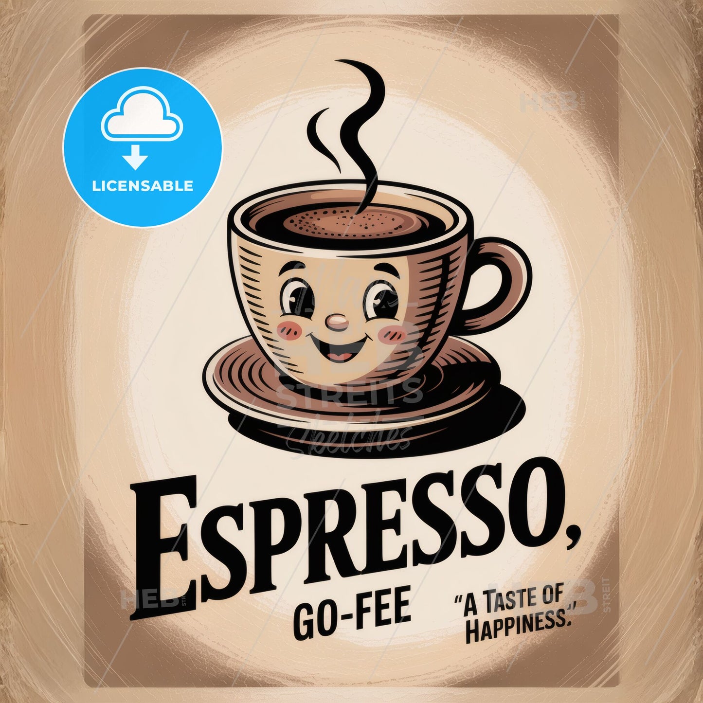 Cheerful Espresso Mug Illustration with Playful Smile, Capturing the Joy of Coffee Moments.