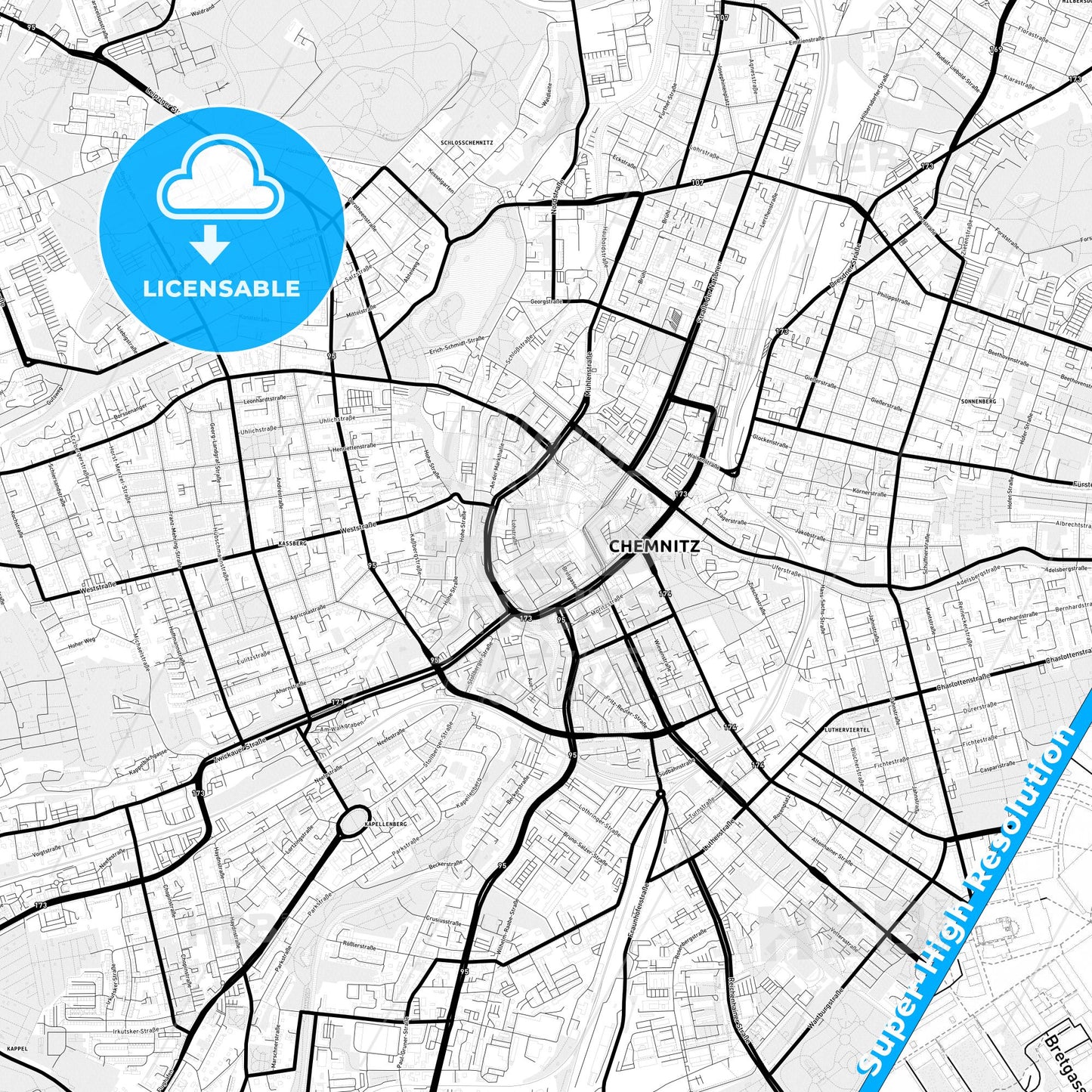 Chemnitz, Germany Light Map with Street Names, City Names, and Districts