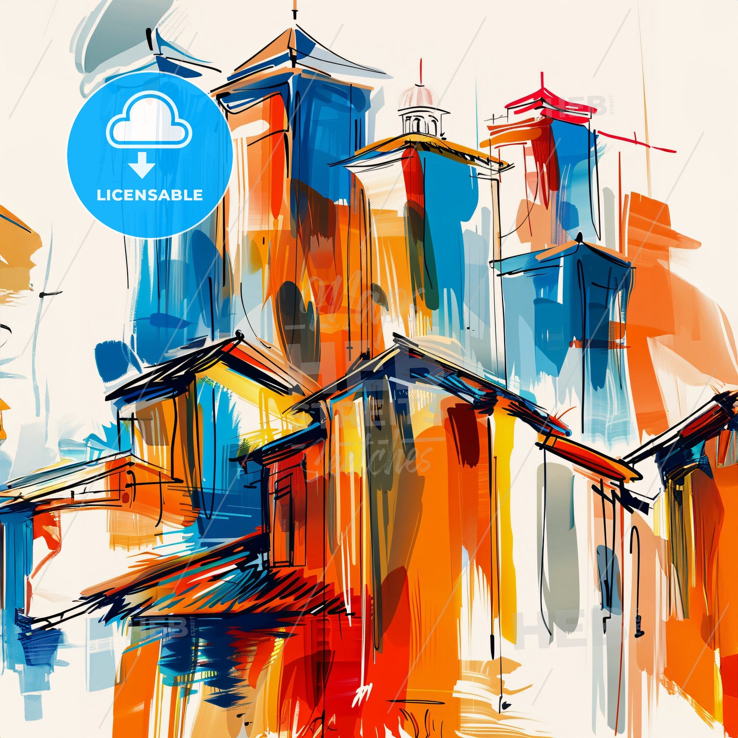 Vibrant Chengdu, China - A Painting Of Buildings With Towers