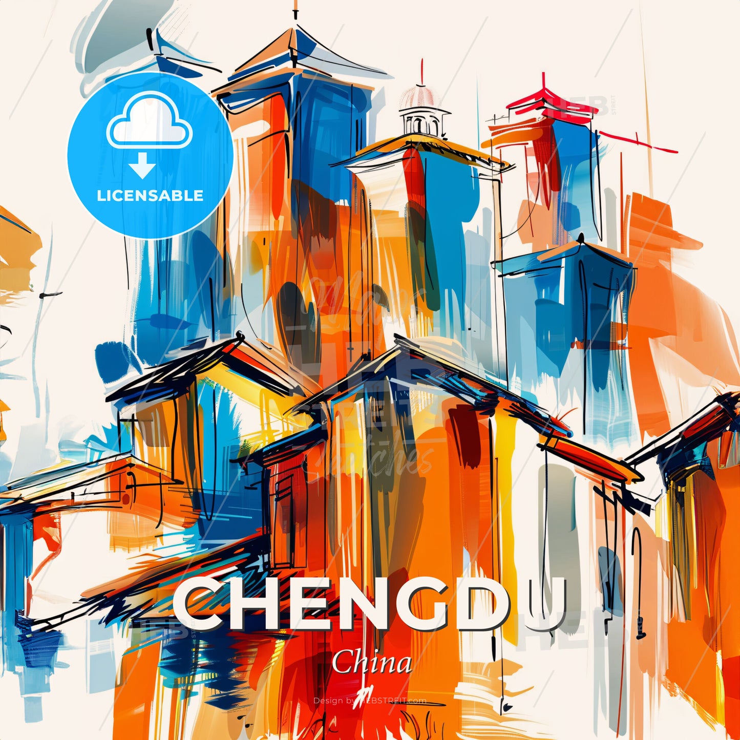 Vibrant Chengdu, China - A Painting Of Buildings With Towers - Square format print template