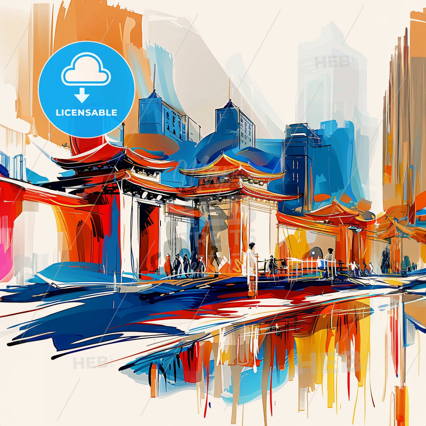 Vibrant Chengdu, China - A Painting Of A Building With A Body Of Water