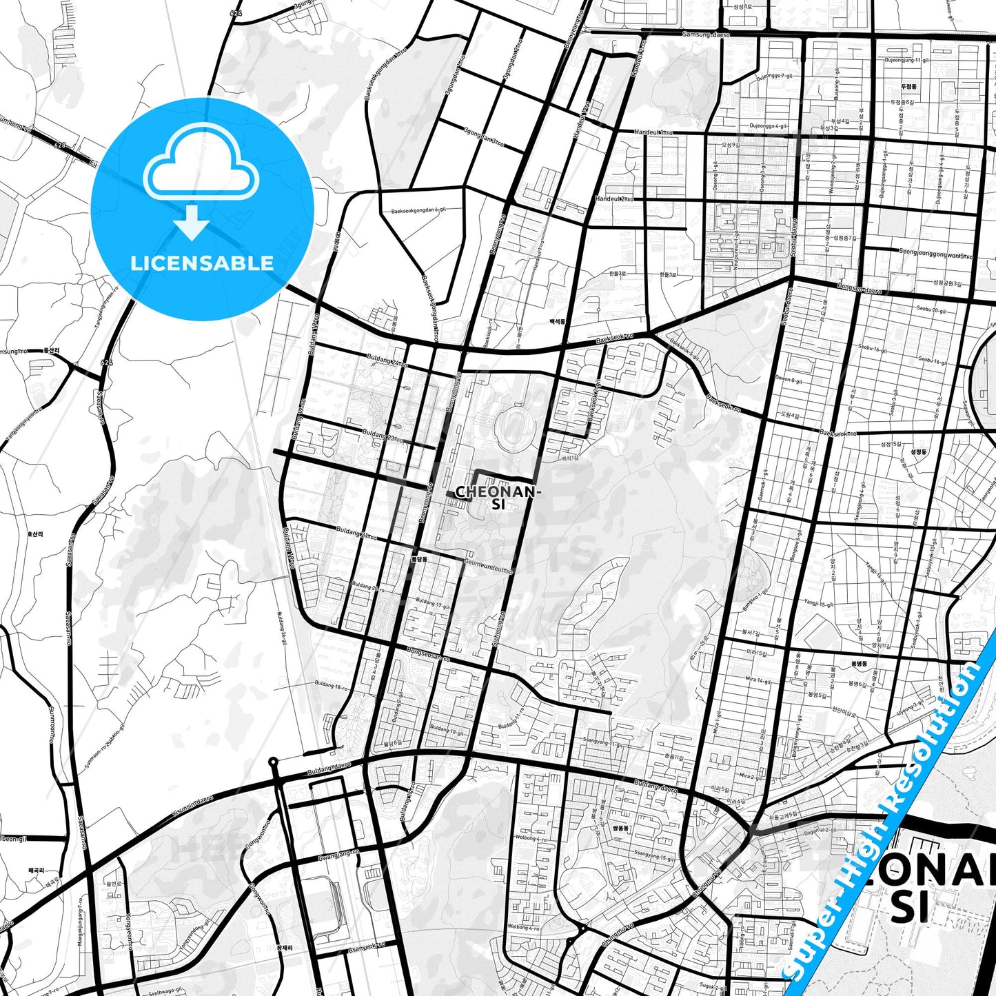 Cheonan, South Korea Light Map with Street Names, City Names, and Districts