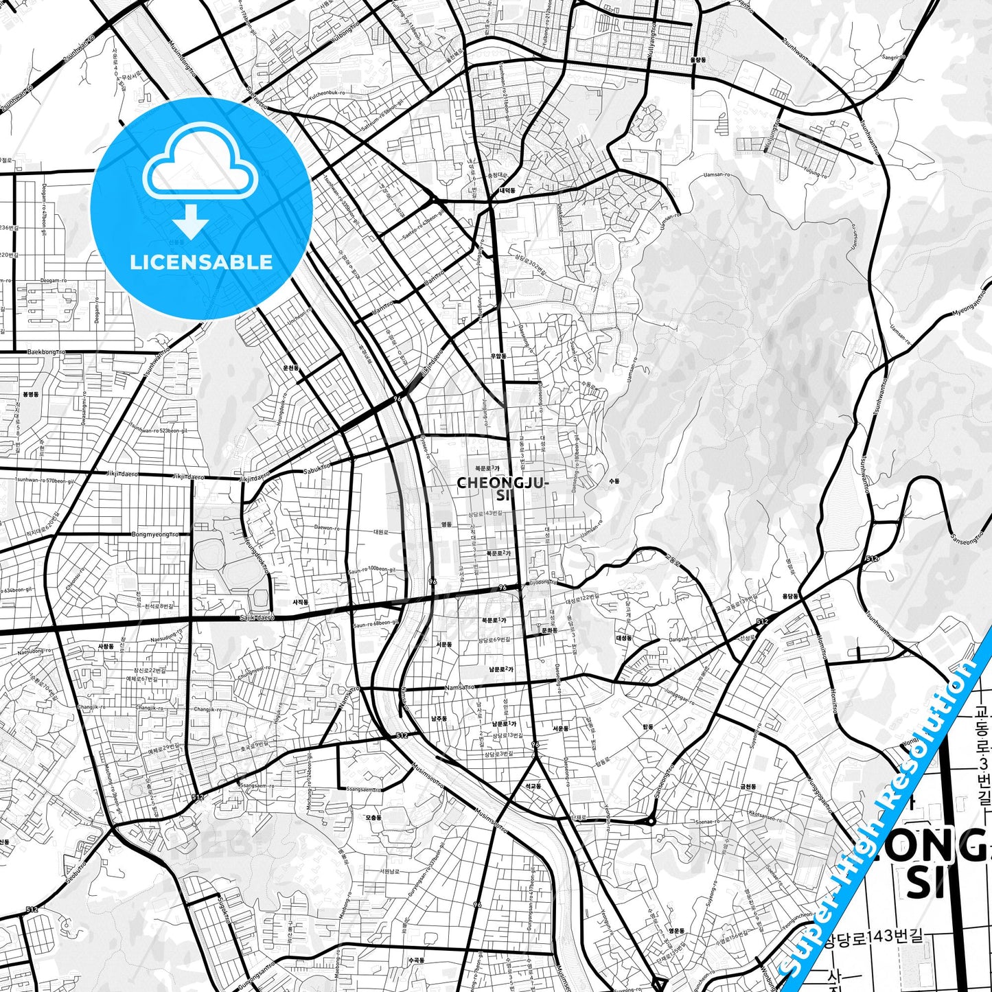 Cheongju, South Korea Light Map with Street Names, City Names, and Districts