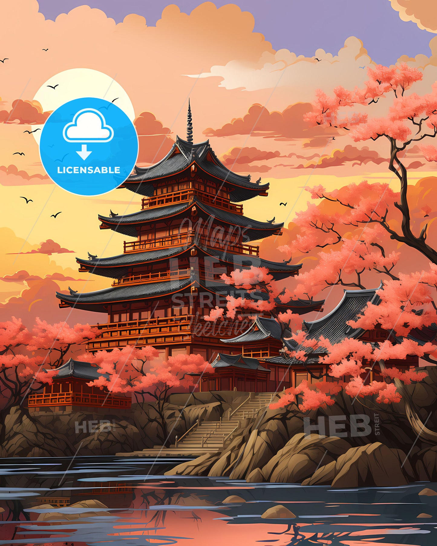 South Korean Pagoda Panorama Vibrant Pastel Painting Blossom Art