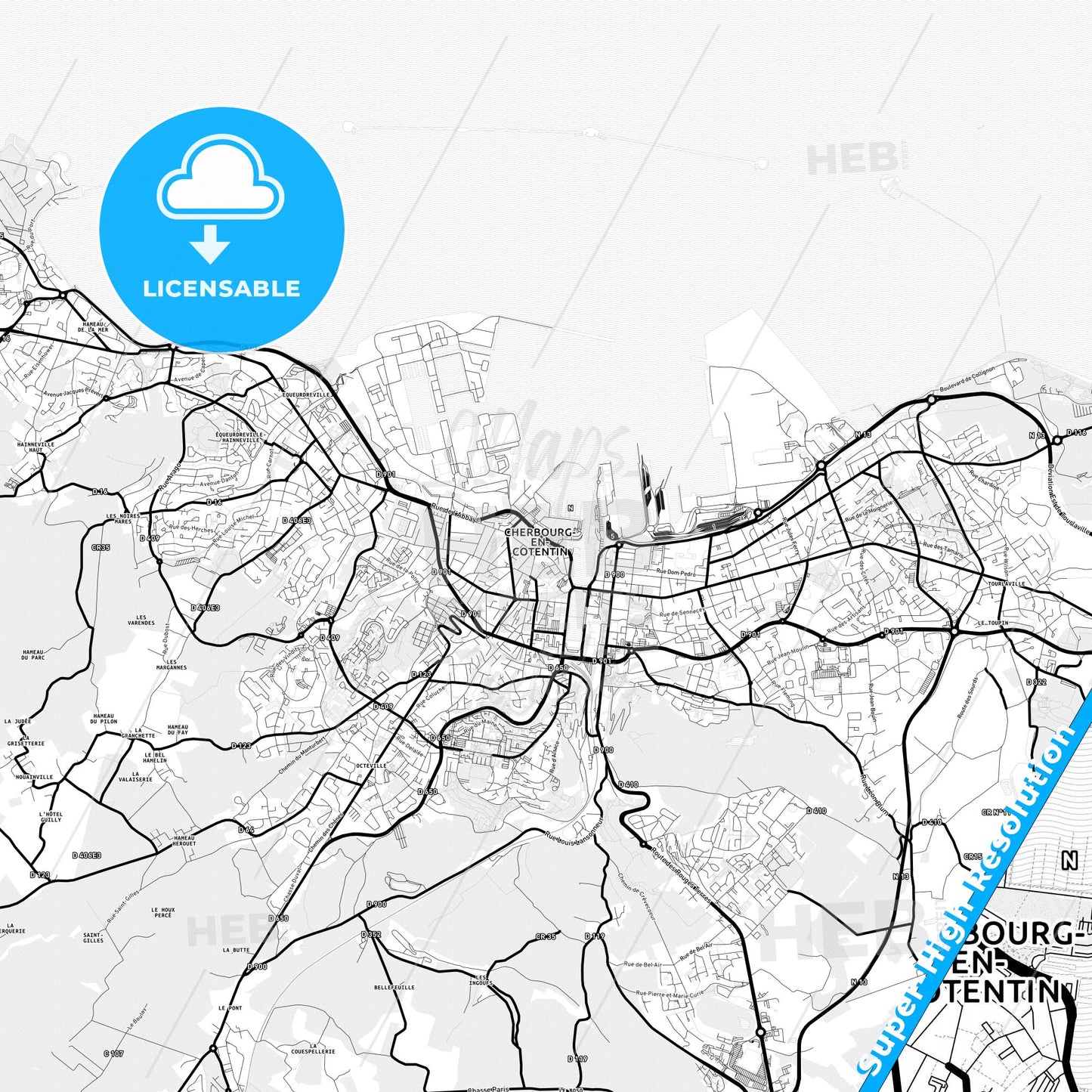 Cherbourg-Octeville, France Light Map with Street Names, City Names, and Districts