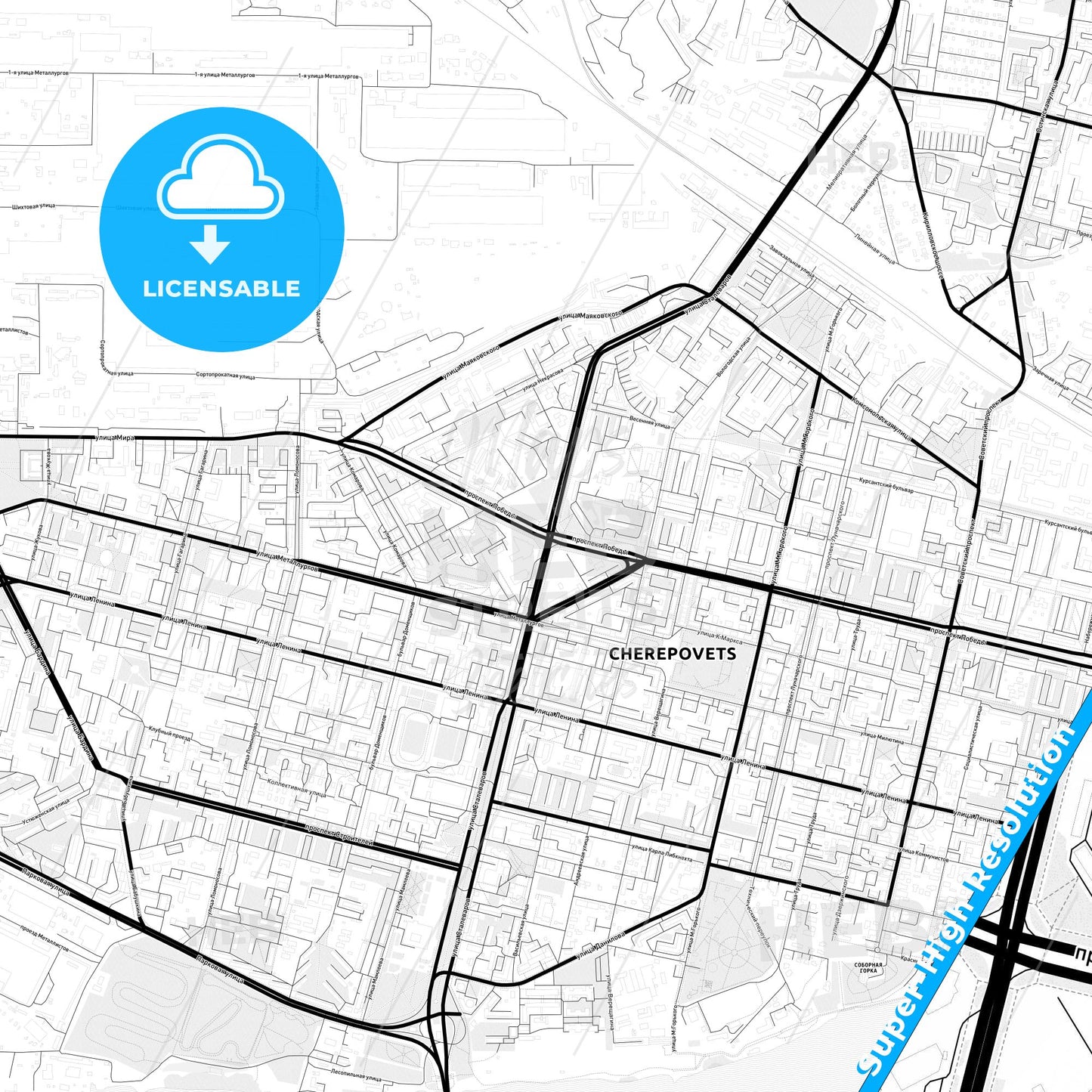 Cherepovets, Russia Light Map with Street Names, City Names, and Districts