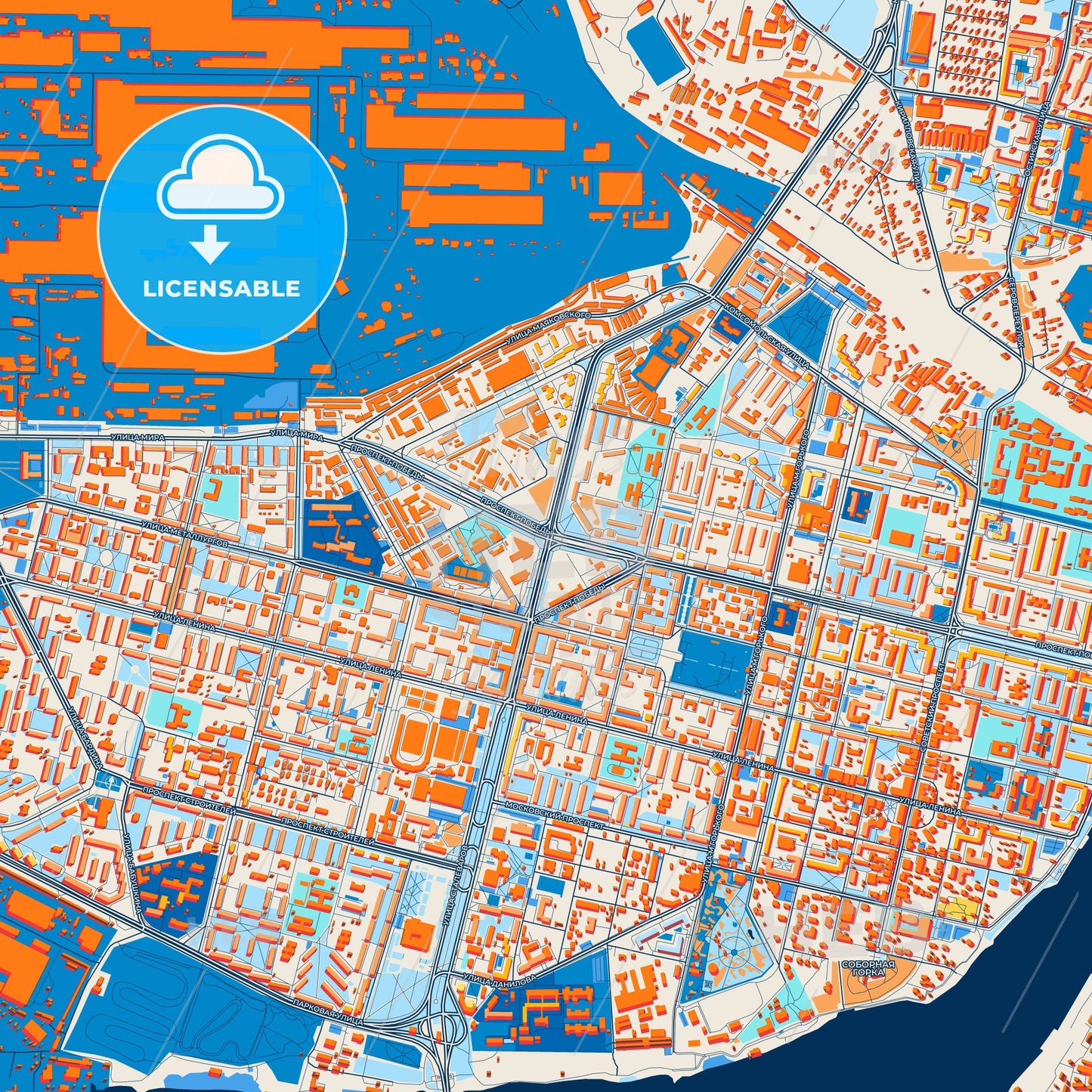 Colorful Cherepovets Street Map with Labels and Buildings