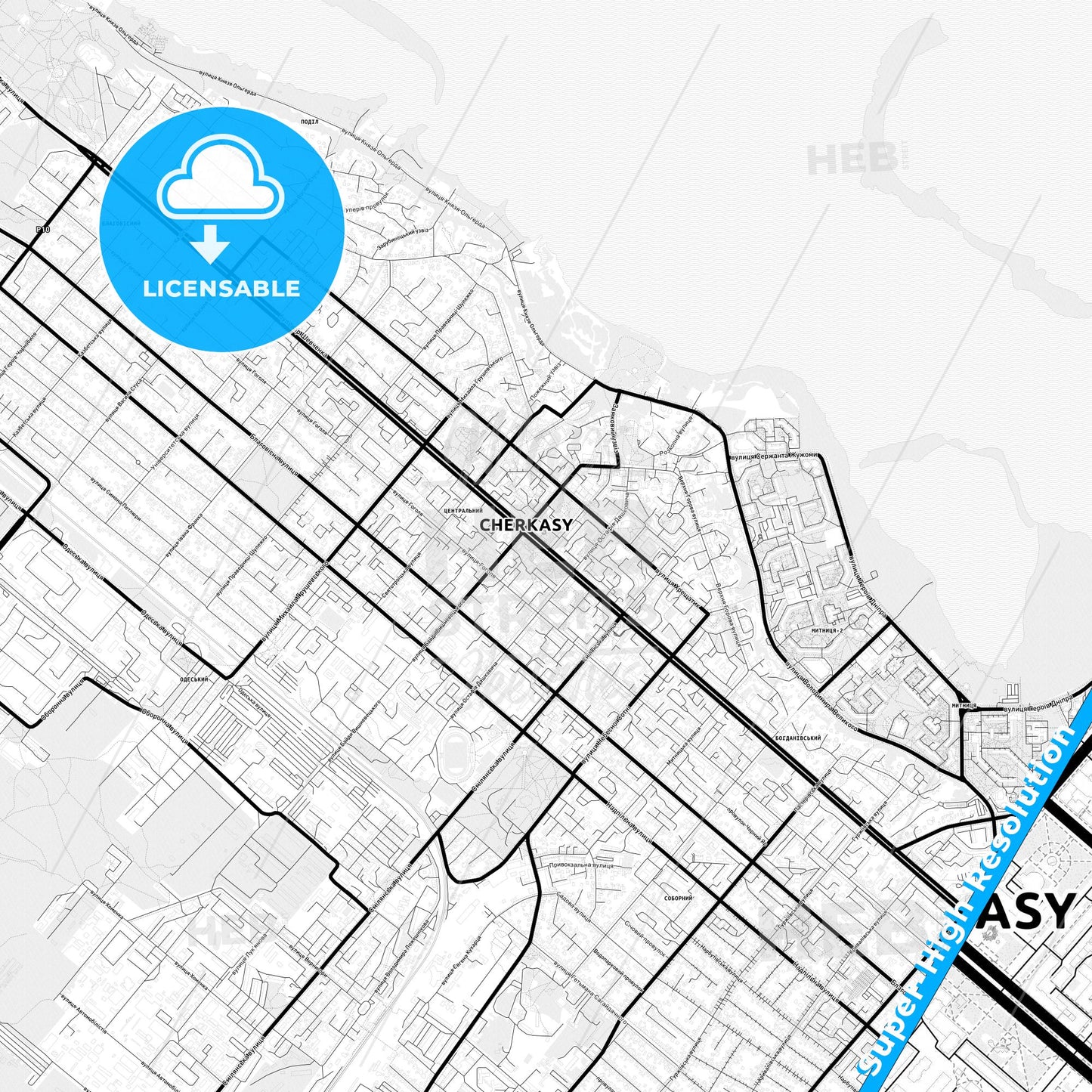 Cherkasy, Ukraine Light Map with Street Names, City Names, and Districts