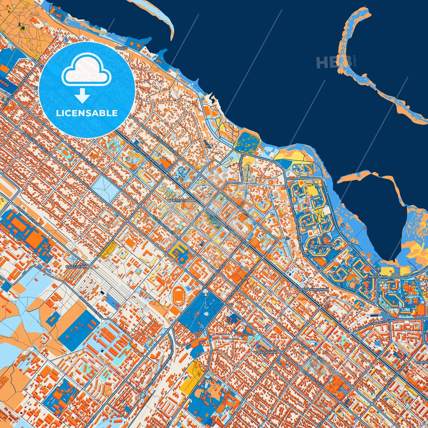 Colorful Cherkasy Street Map with Labels and Buildings
