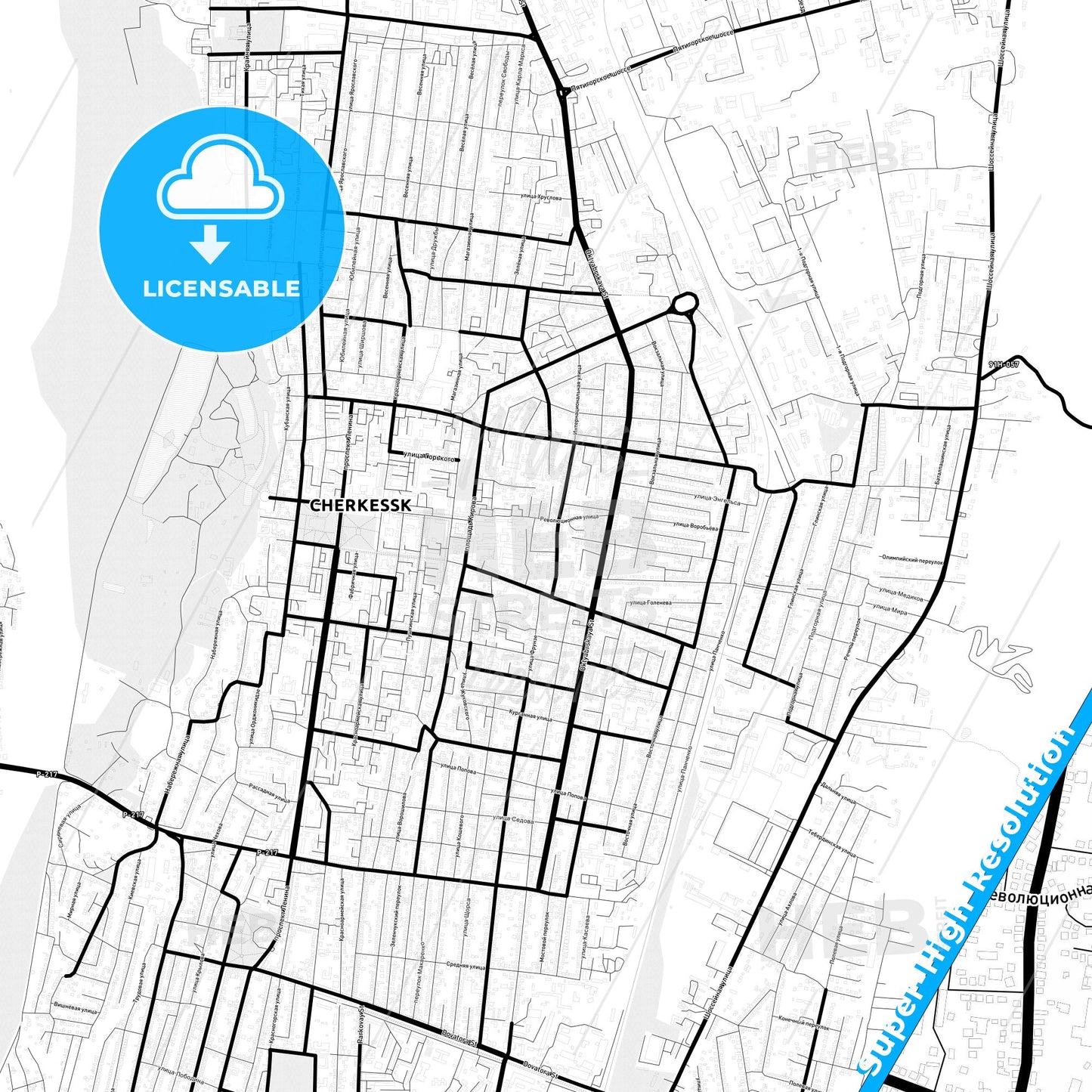 Cherkessk, Russia Light Map with Street Names, City Names, and Districts