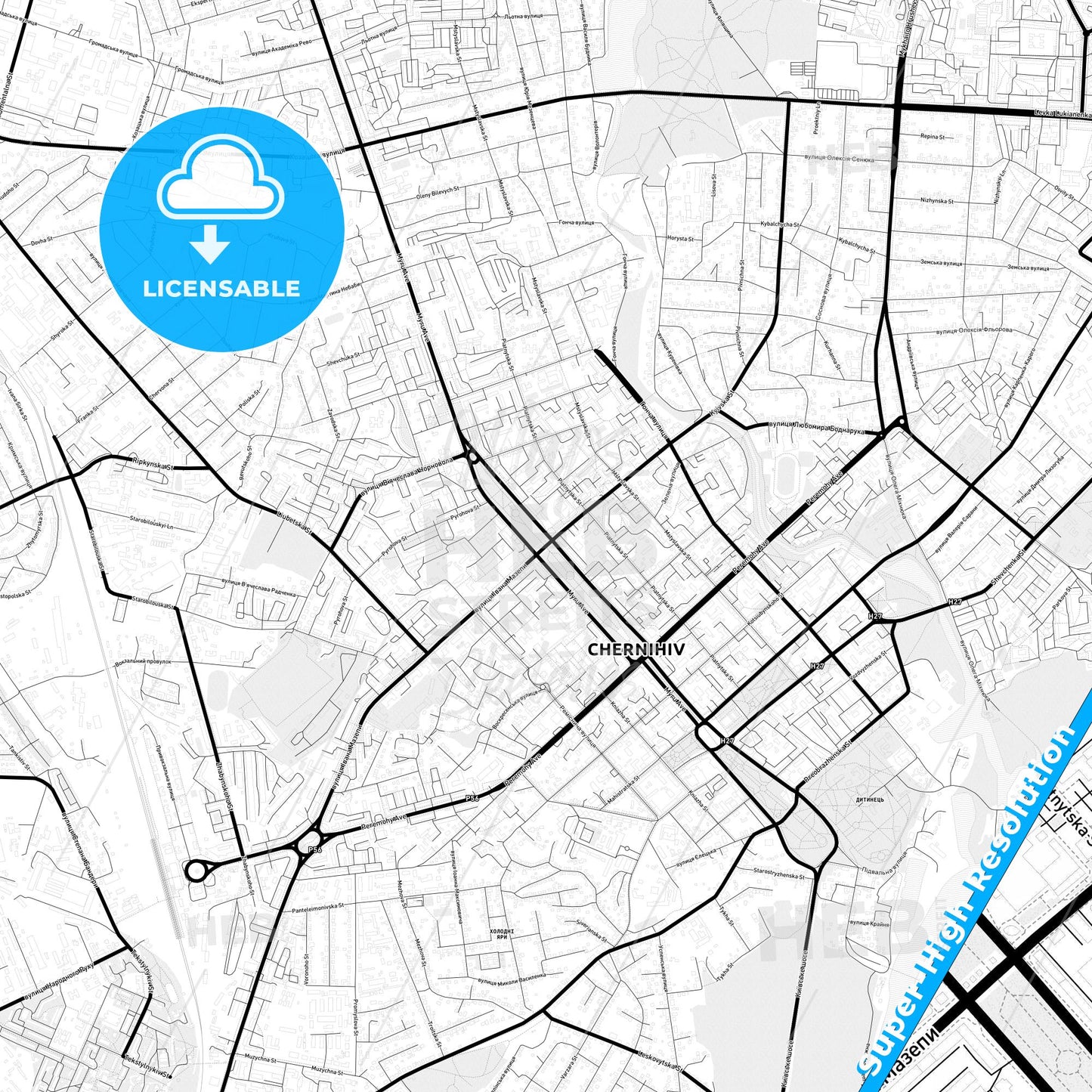 Chernihiv, Ukraine Light Map with Street Names, City Names, and Districts