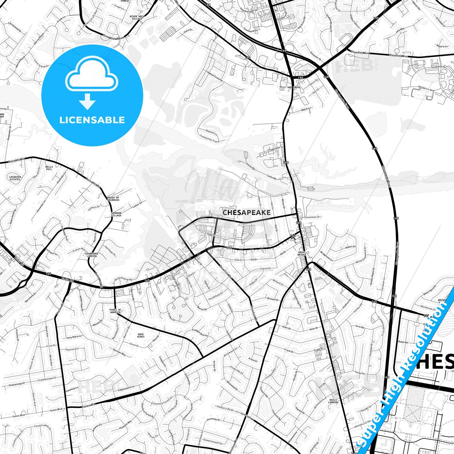 Chesapeake, Virginia Light Map with Street Names, City Names, and Districts