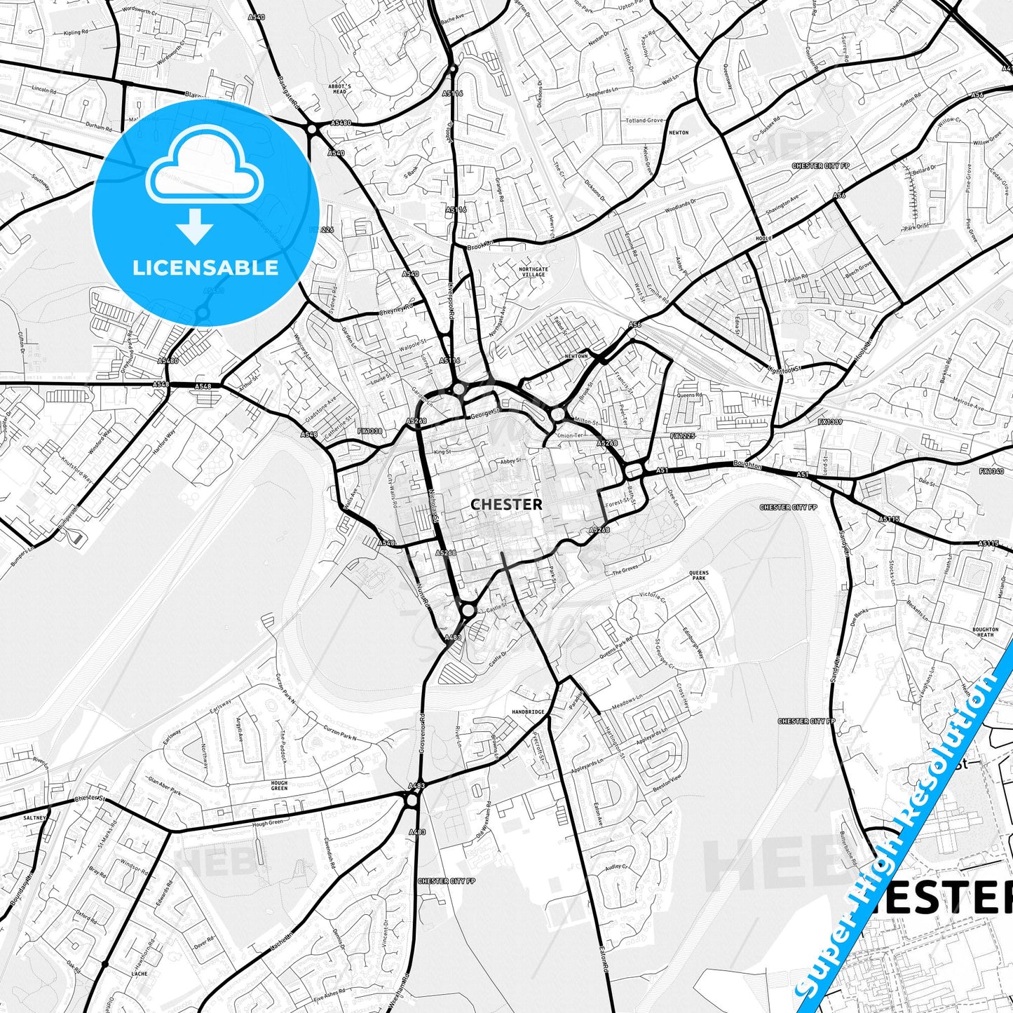 Chester, England Light Map with Street Names, City Names, and Districts