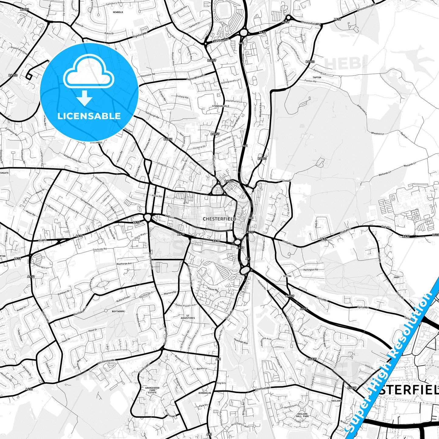 Chesterfield, England Light Map with Street Names, City Names, and Districts