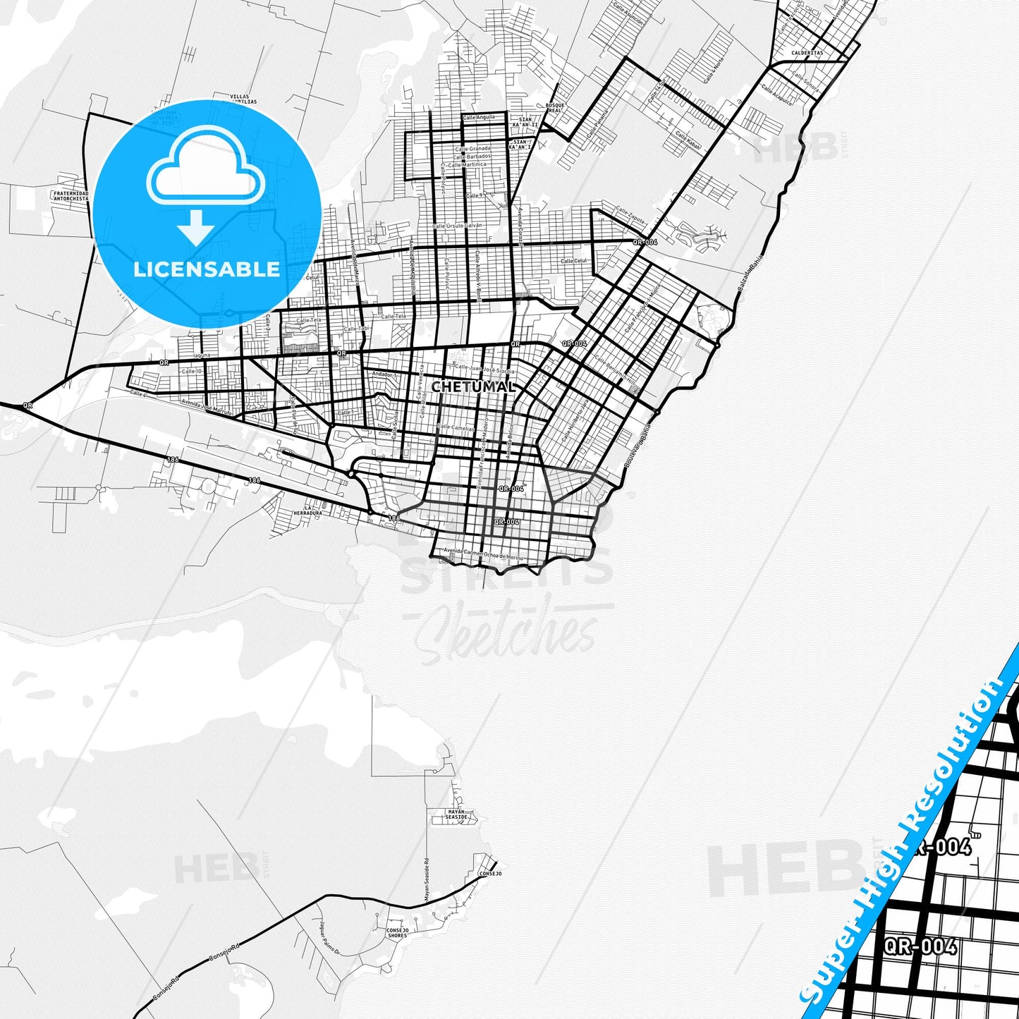 Chetumal, Mexico Light Map with Street Names, City Names, and Districts