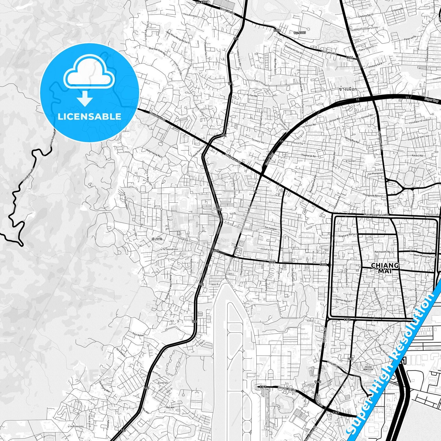 Chiang Mai, Thailand Light Map with Street Names, City Names, and Districts