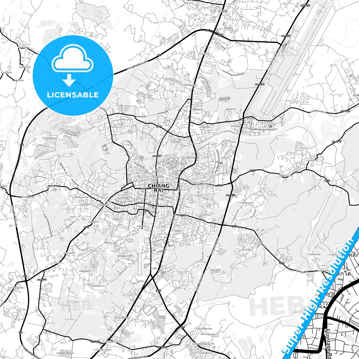 Chiang Rai, Thailand Light Map with Street Names, City Names, and Districts
