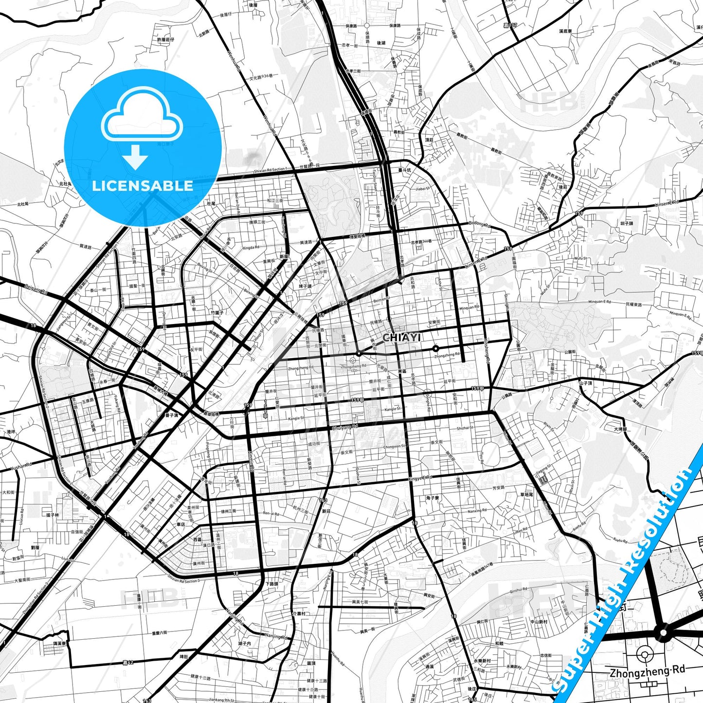 Chiayi, Taiwan Light Map with Street Names, City Names, and Districts