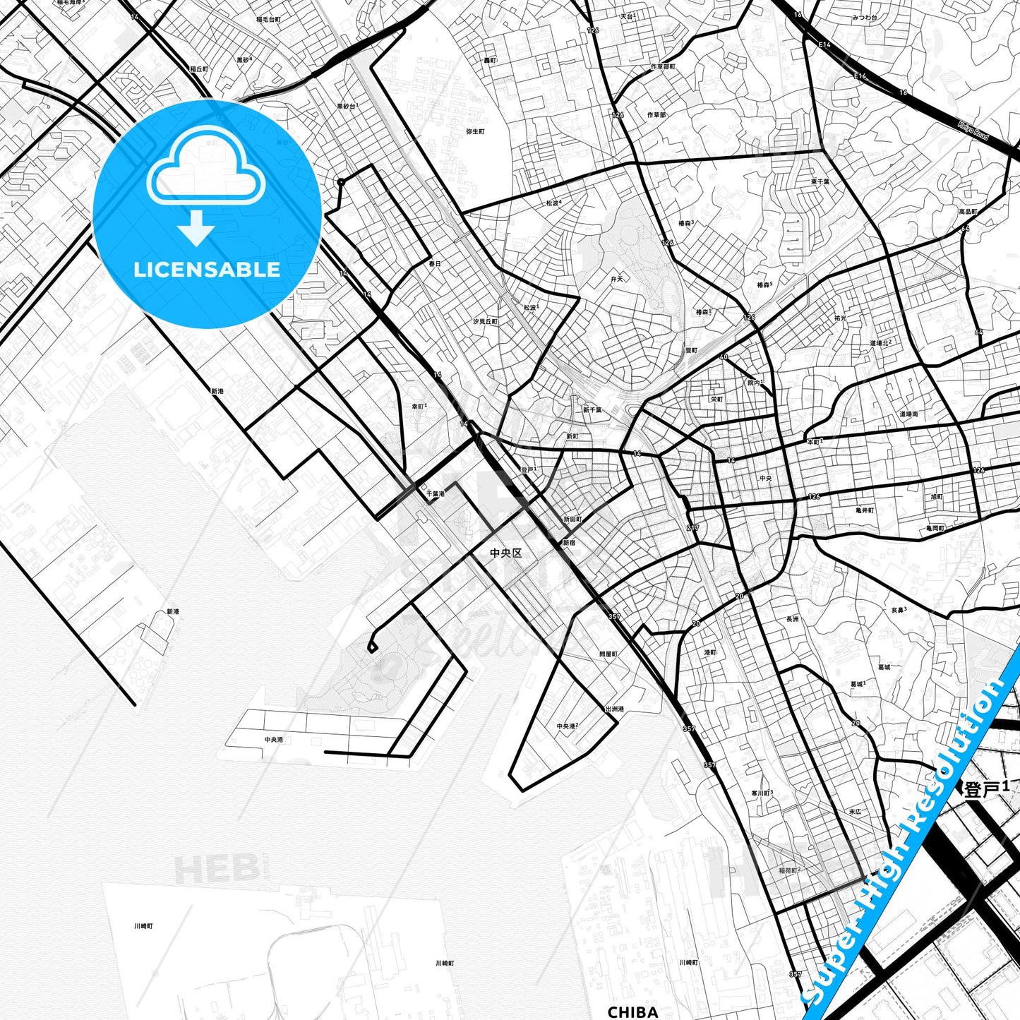 Chiba, Japan Light Map with Street Names, City Names, and Districts