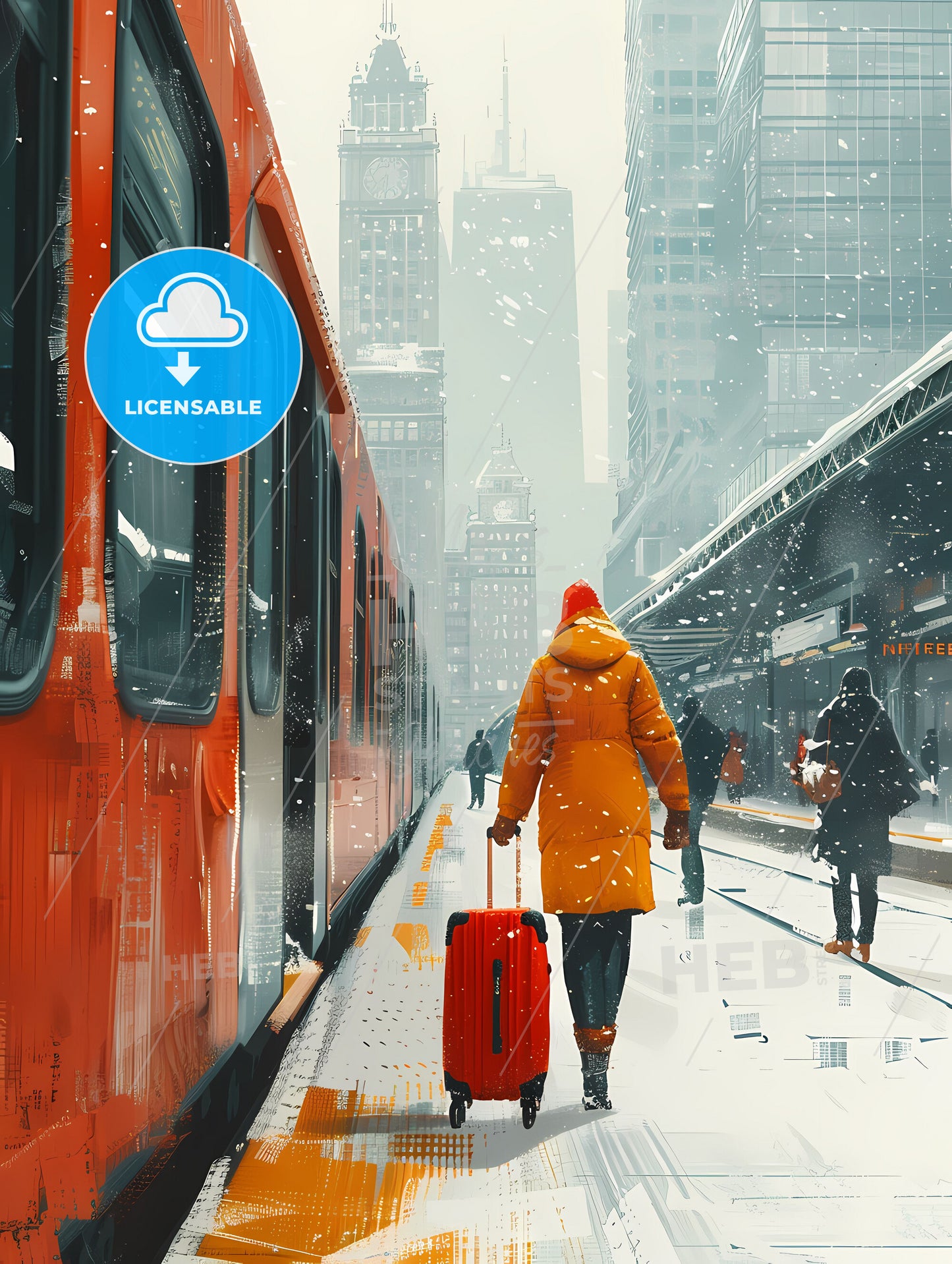 Vibrant Painting of Person in Yellow Coat Pulling Suitcase on Chicago Train Platform Showcasing Art