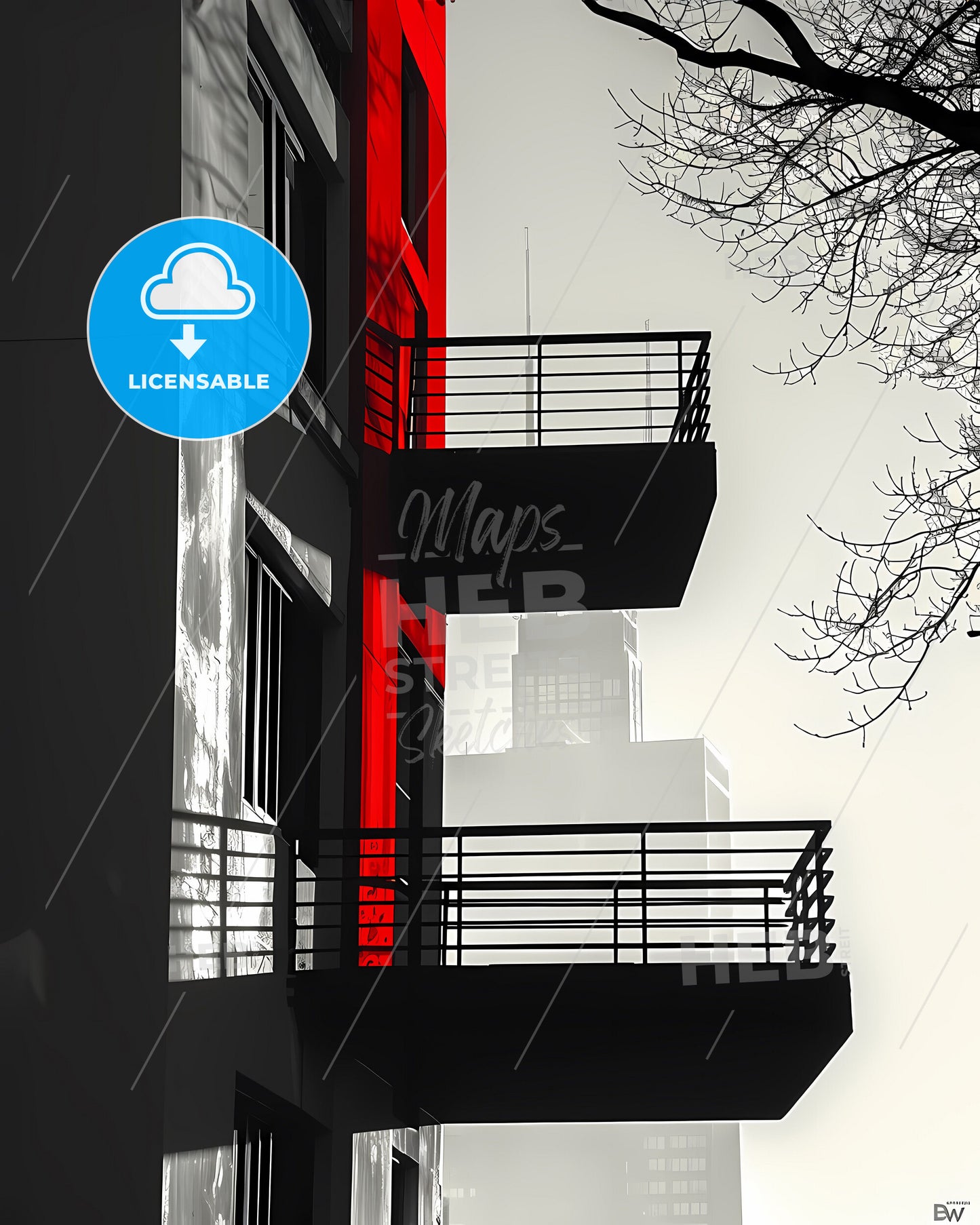 Bauhaus Inspired Chicago Building Red Facade Abstract Painting Modern Art