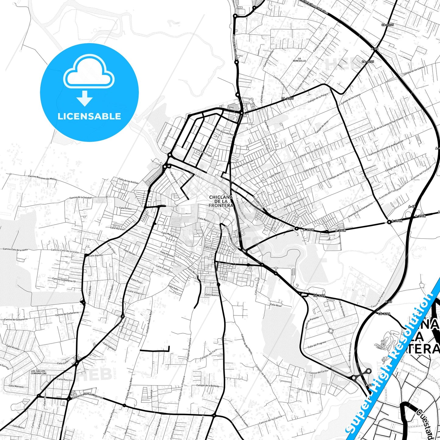Chiclana de la Frontera, Spain Light Map with Street Names, City Names, and Districts