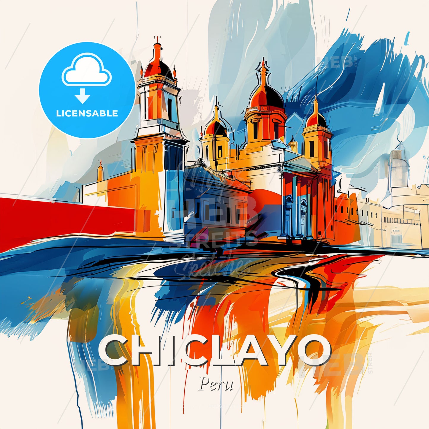 Vibrant Chiclayo, Peru - A Painting Of A Building With Towers And A Blue Sky - Square format print template