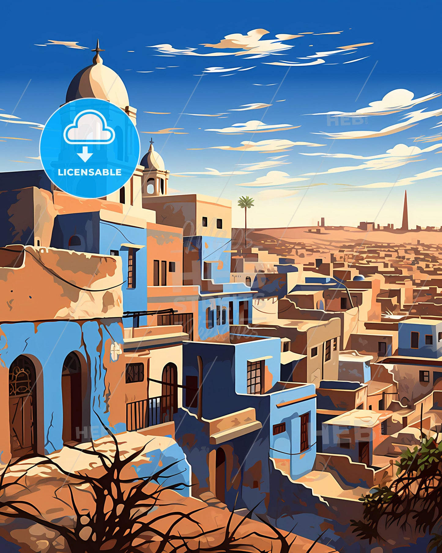 Artistic Skyline Painting of Chiclayo Peru - Blue and Brown Buildings with Tower