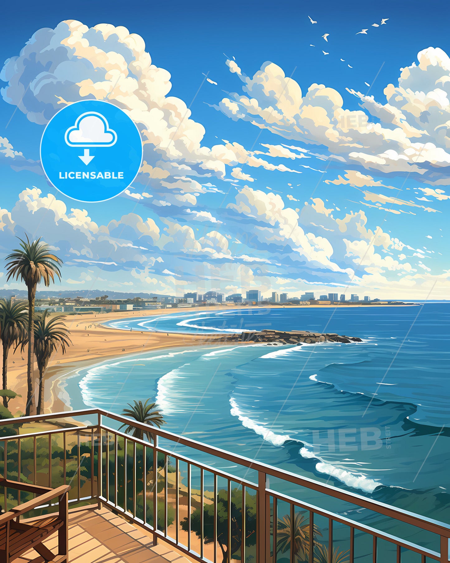 Beach and Palm Trees from Balcony with Vibrant Artistic Chiclayo Peru Skyline View