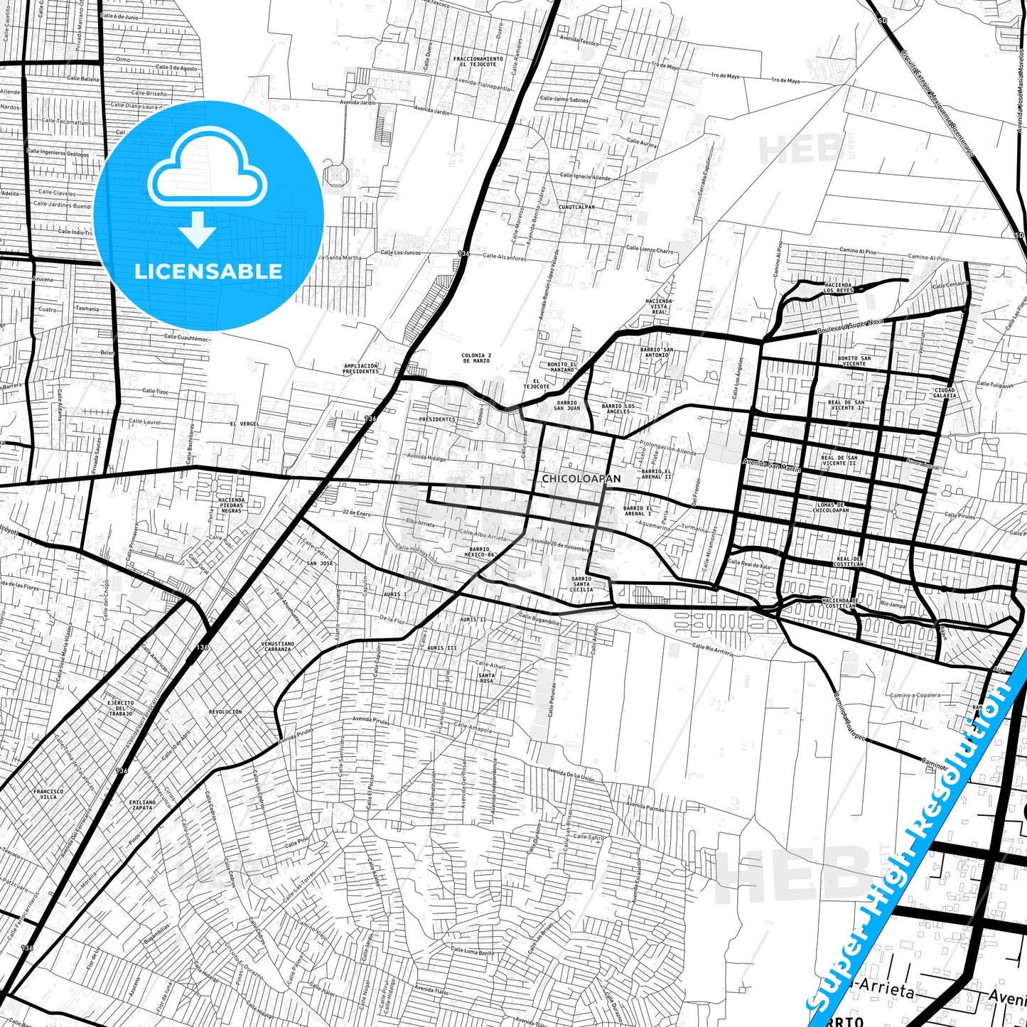 Chicoloapan de Juárez, Mexico Light Map with Street Names, City Names, and Districts