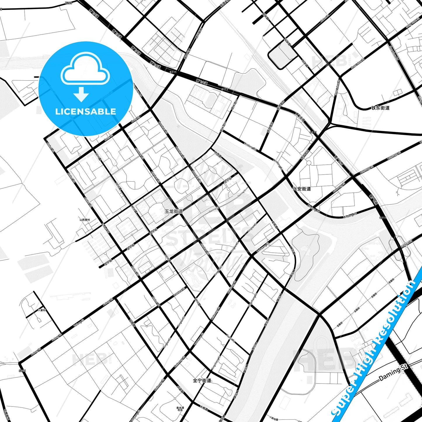 Chifeng, China Light Map with Street Names, City Names, and Districts