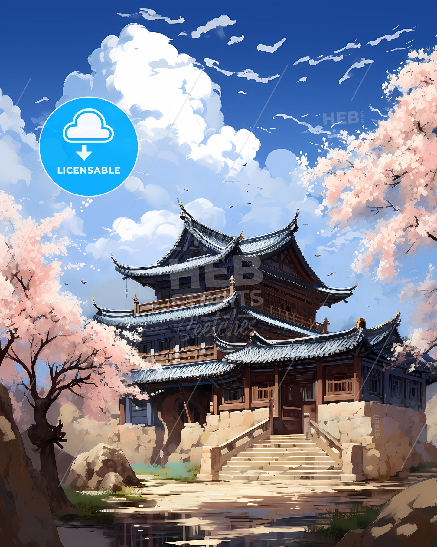 Expressive Artistic Depiction of Chifeng City Skyline with Tower and Blossoms