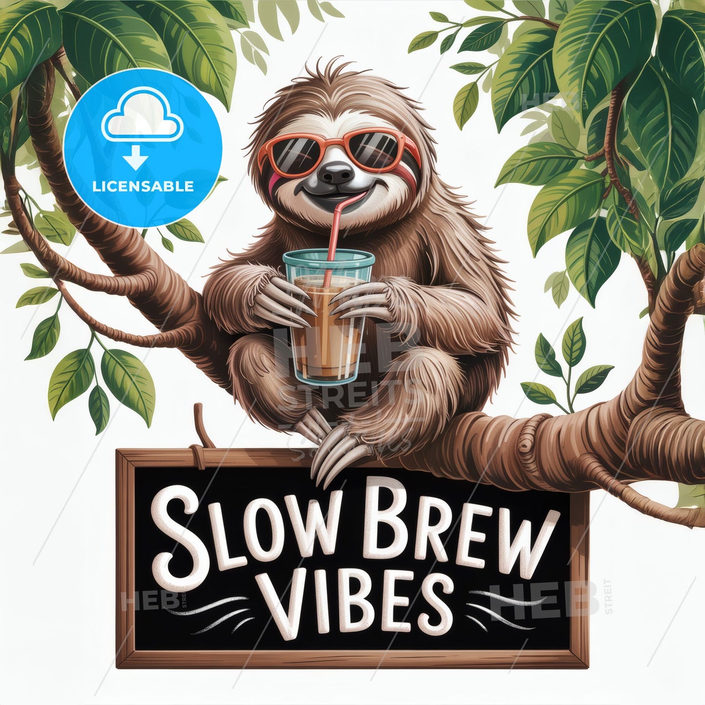 Chill Sloth Enjoying Refreshing Beverage in Tropical Setting with Playful 'Slow Brew Vibes' Sign.