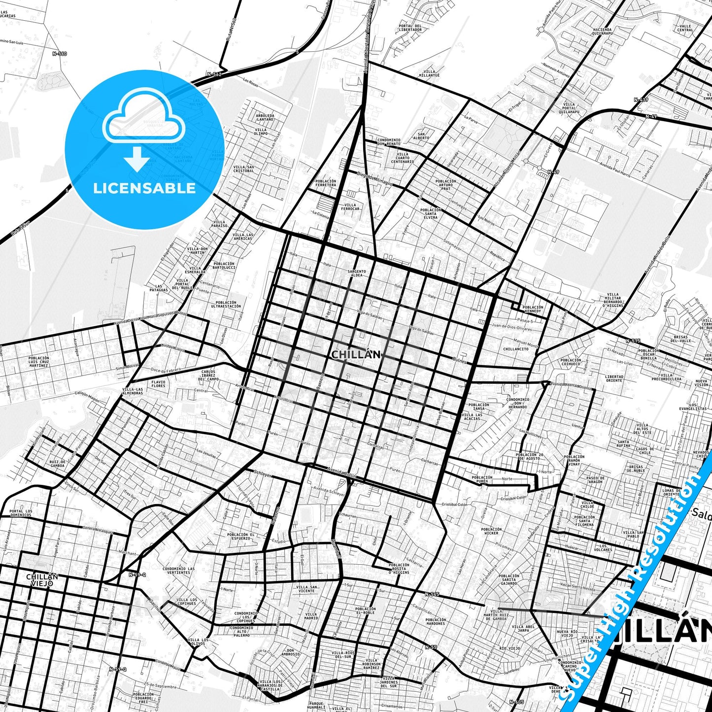 Chillan, Chile Light Map with Street Names, City Names, and Districts