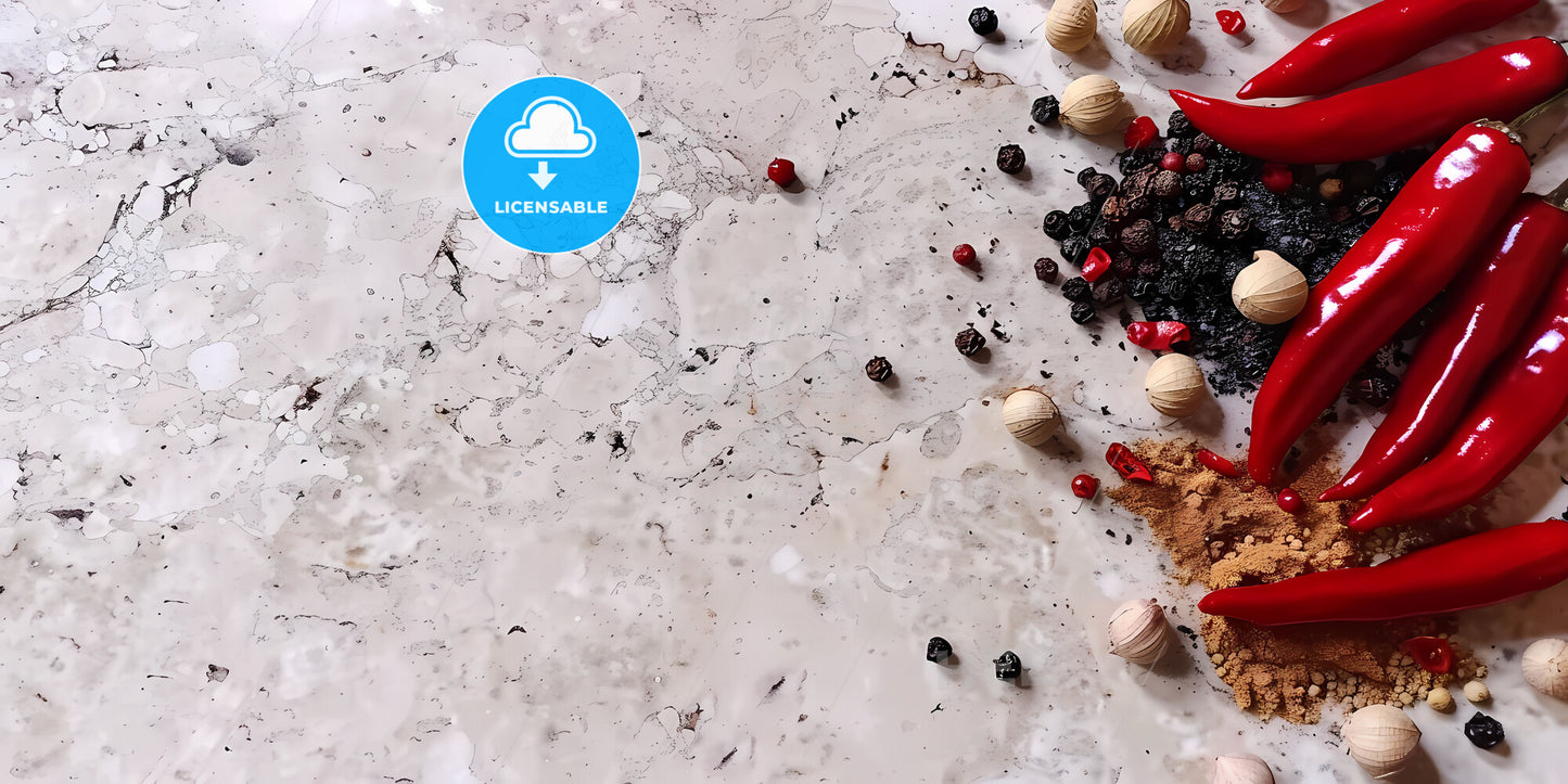 Chilli digital background, header template with copy space, group of spices on a marble surface art