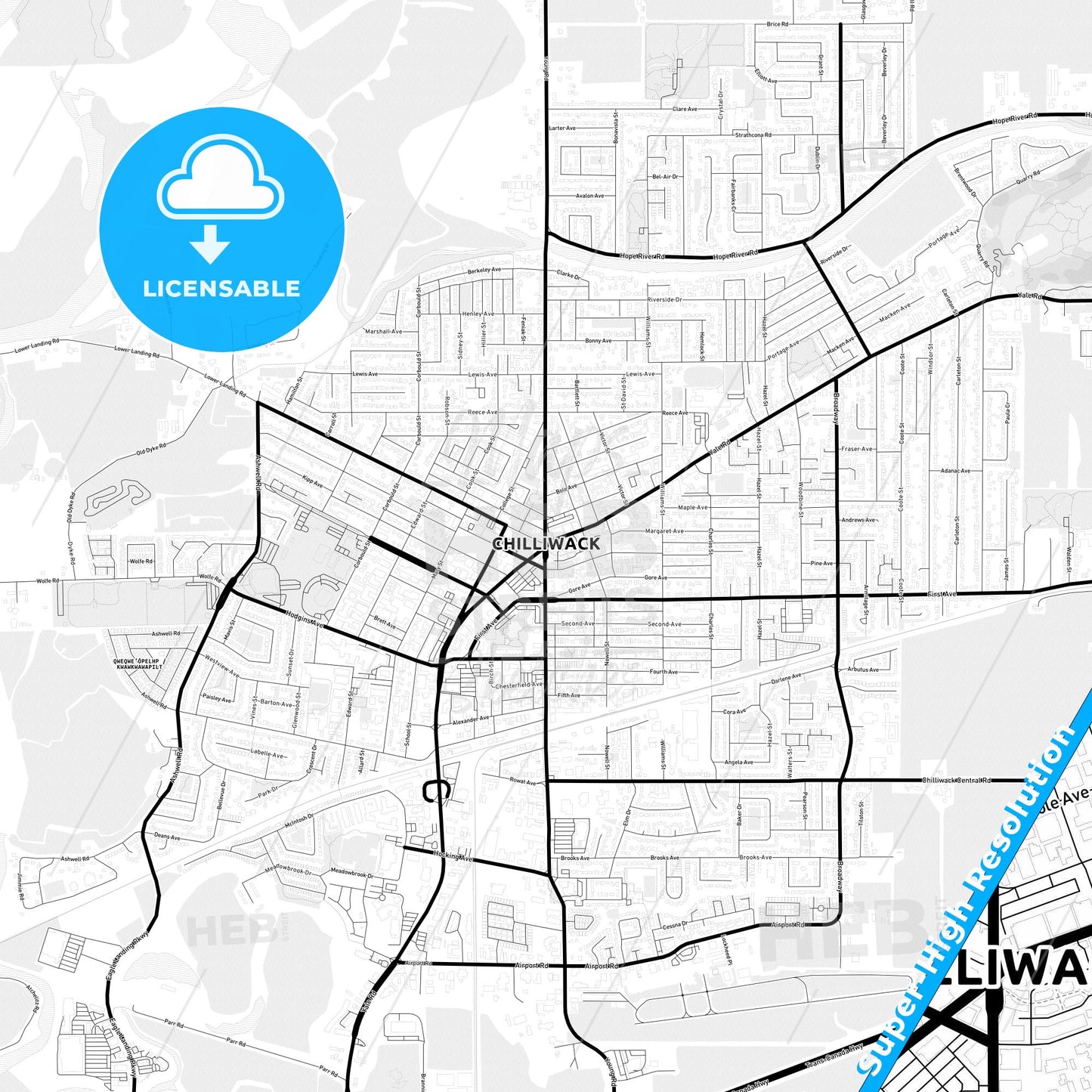 Chilliwack, Canada Light Map with Street Names, City Names, and Districts