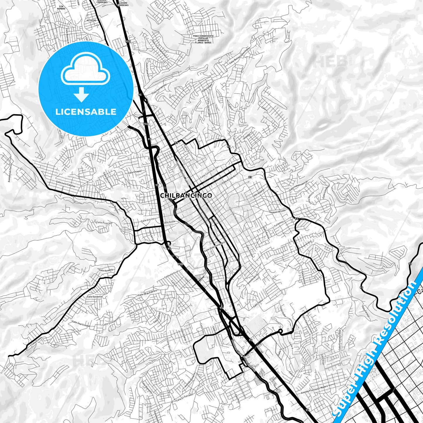 Chilpancingo, Mexico Light Map with Street Names, City Names, and Districts