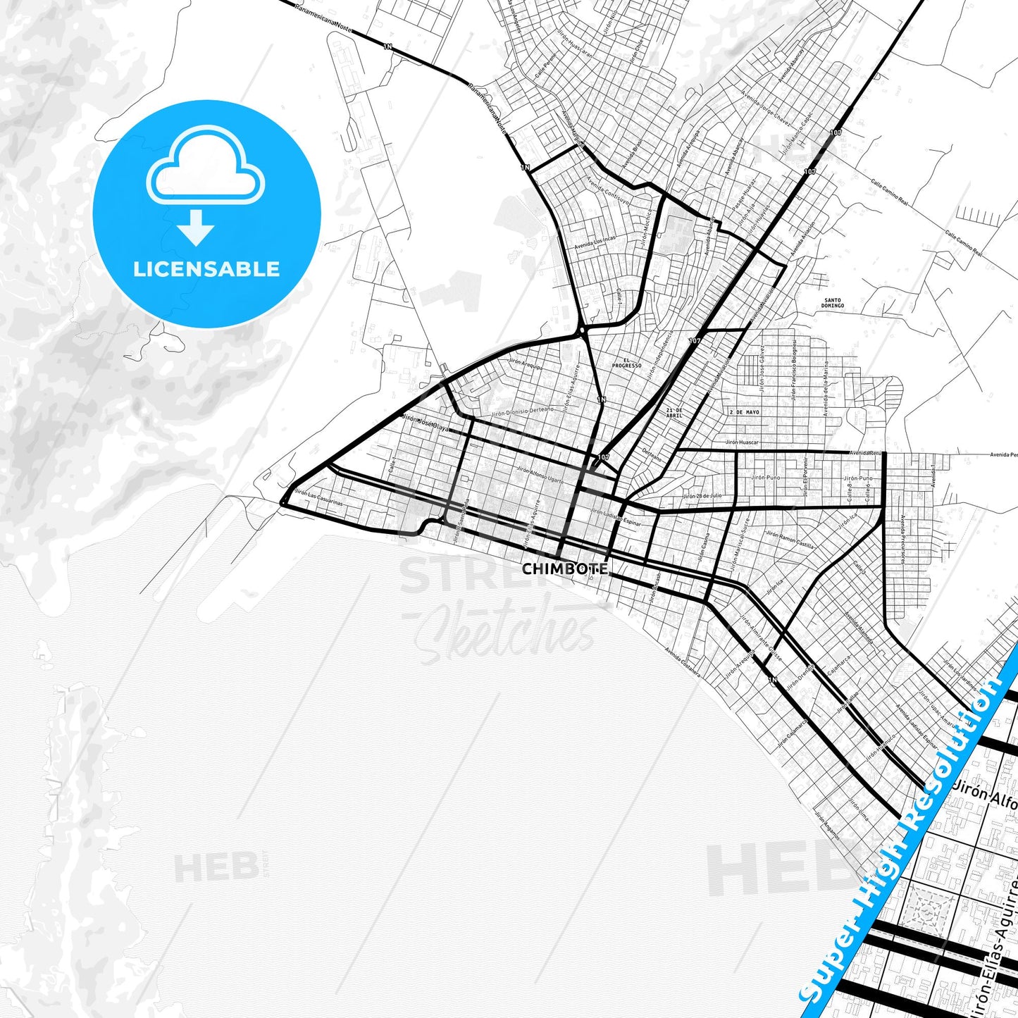 Chimbote, Peru Light Map with Street Names, City Names, and Districts