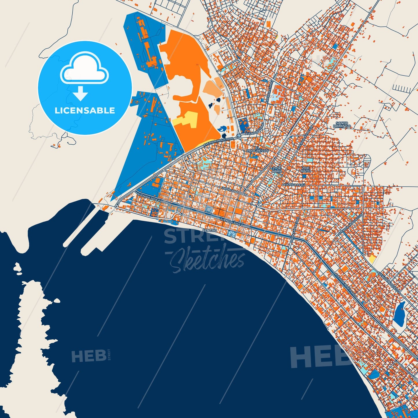Colorful Chimbote Street Map with Labels and Buildings