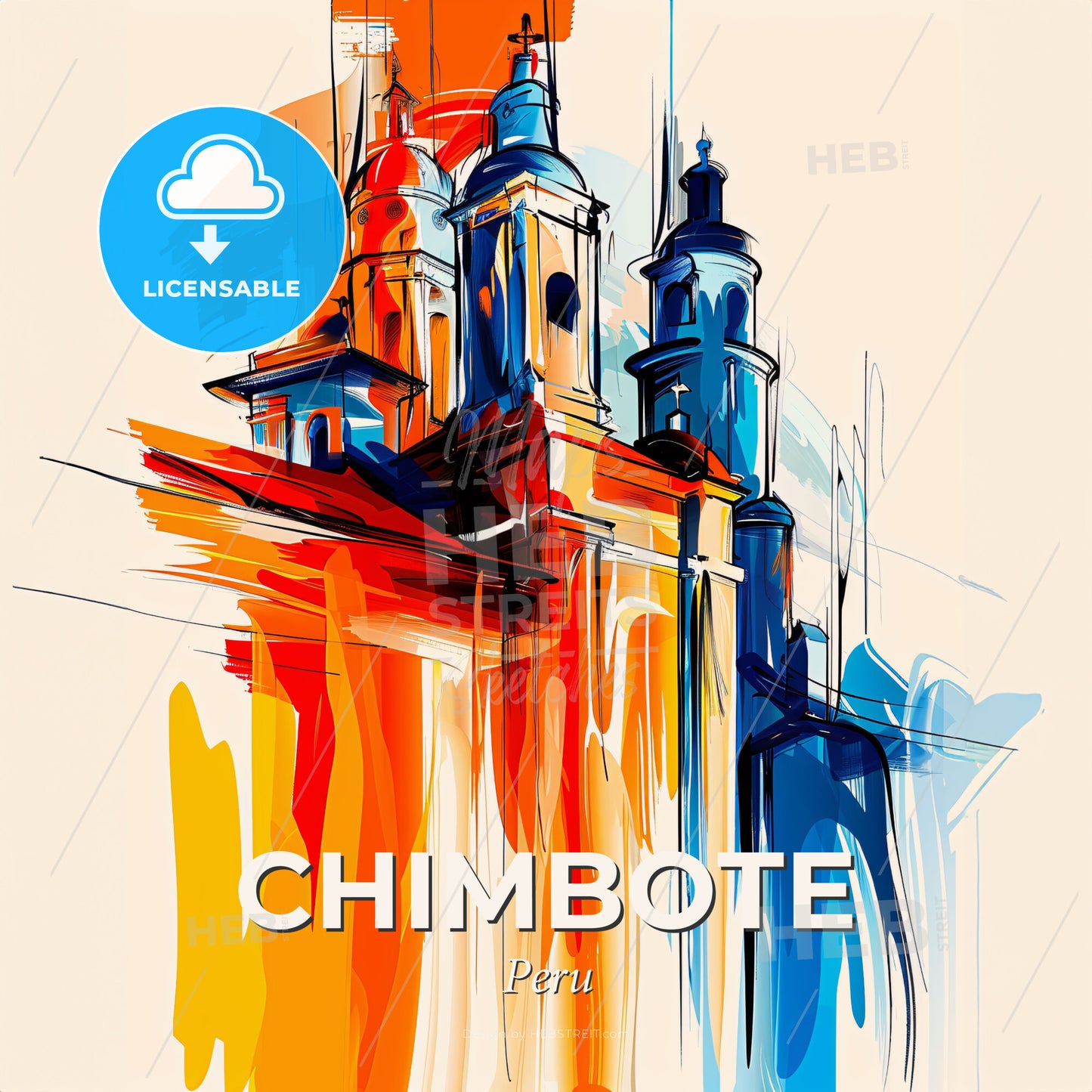 Vibrant Chimbote, Peru - A Painting Of A Building With Towers - Square format print template