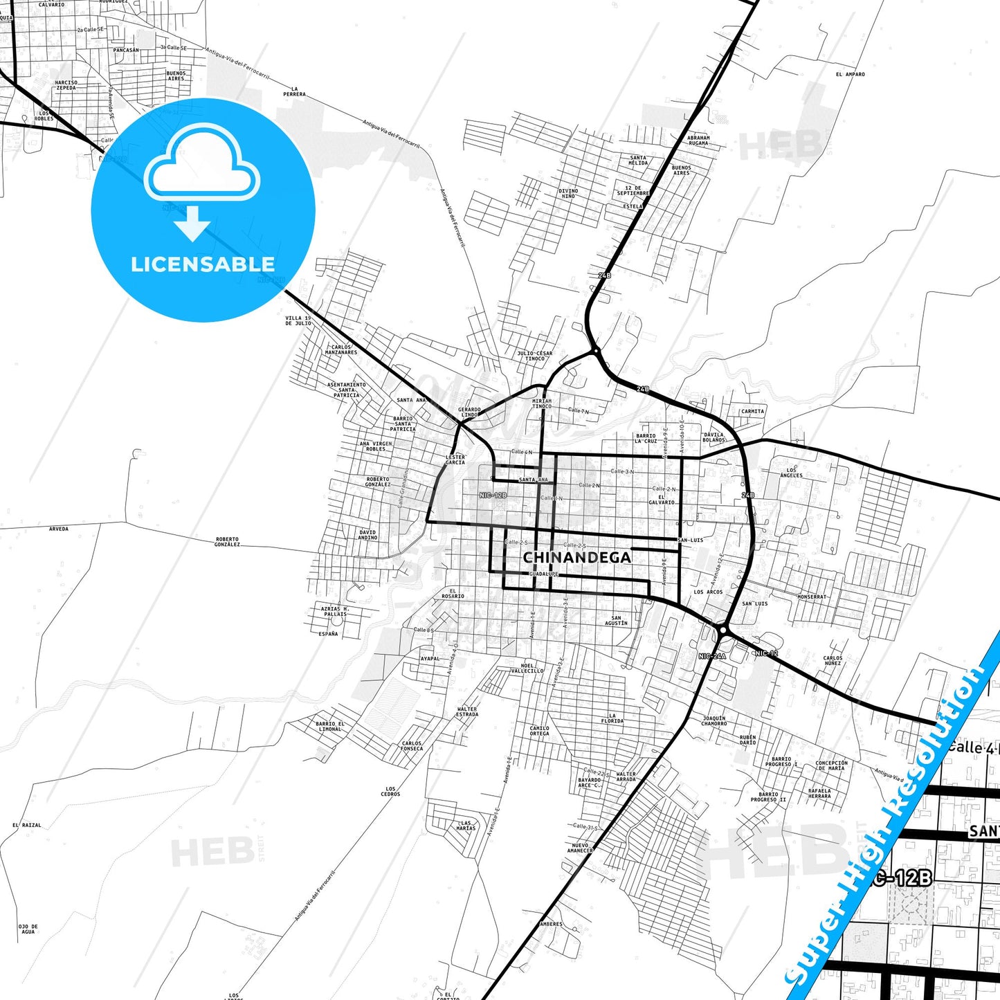 Chinandega, Nicaragua Light Map with Street Names, City Names, and Districts