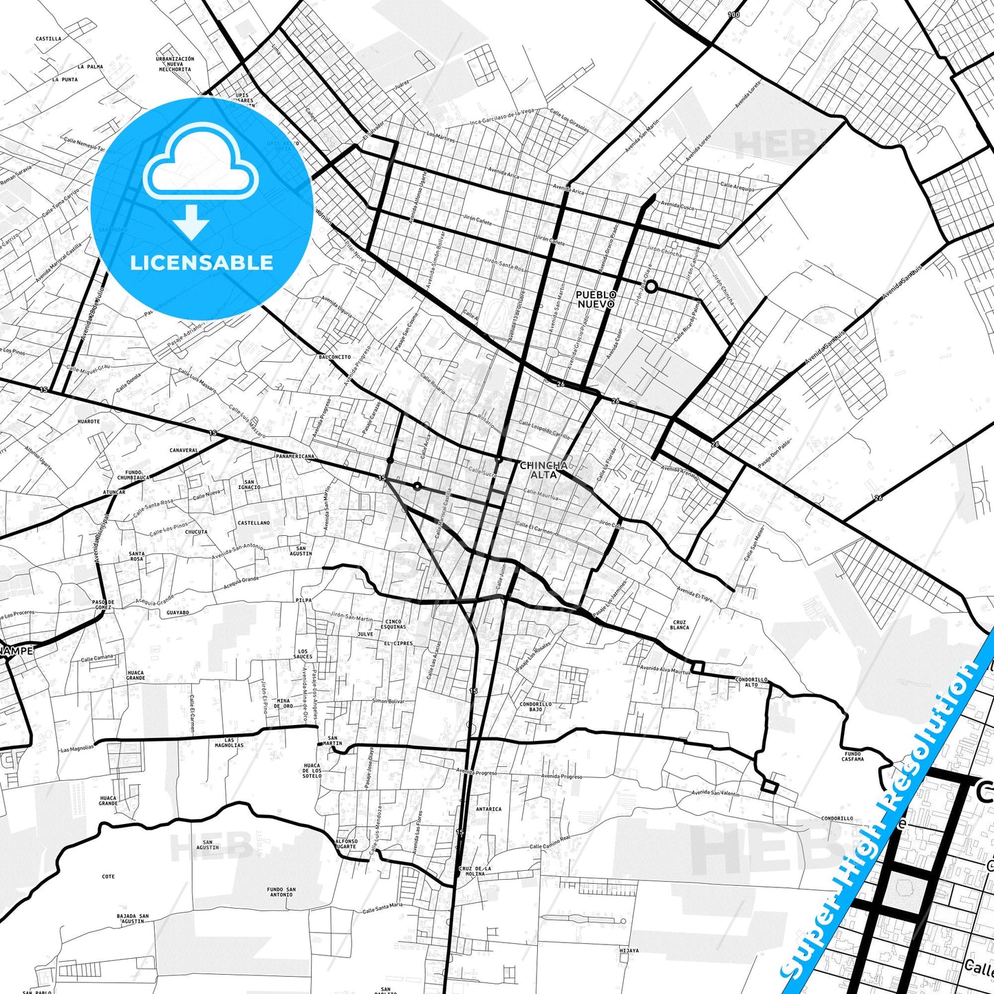 Chincha Alta, Peru Light Map with Street Names, City Names, and Districts