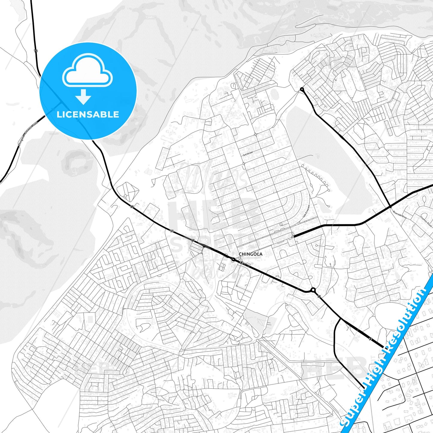Chingola, Zambia Light Map with Street Names, City Names, and Districts