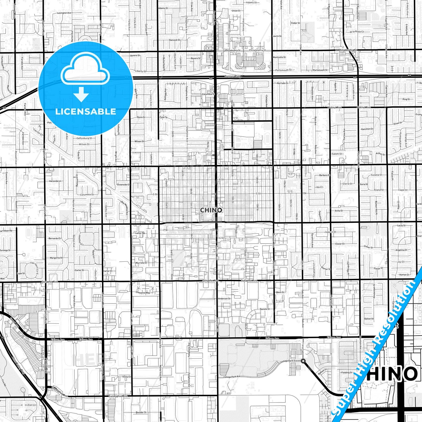 Chino, California Light Map with Street Names, City Names, and Districts